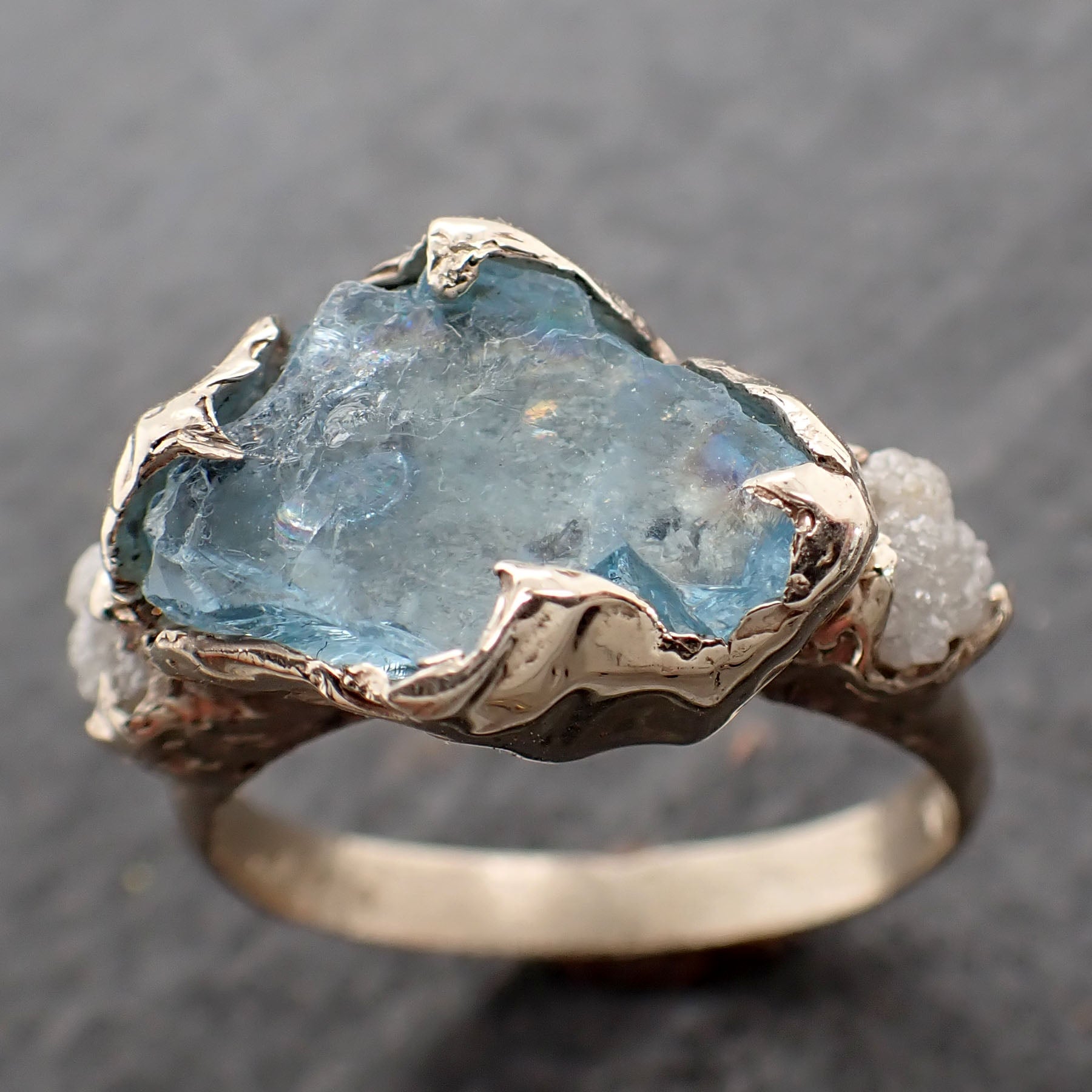 large Raw Uncut Aquamarine Diamond White Gold Engagement Ring Wedding Ring Custom One Of a Kind Gemstone Ring Multi stone Ring 2544