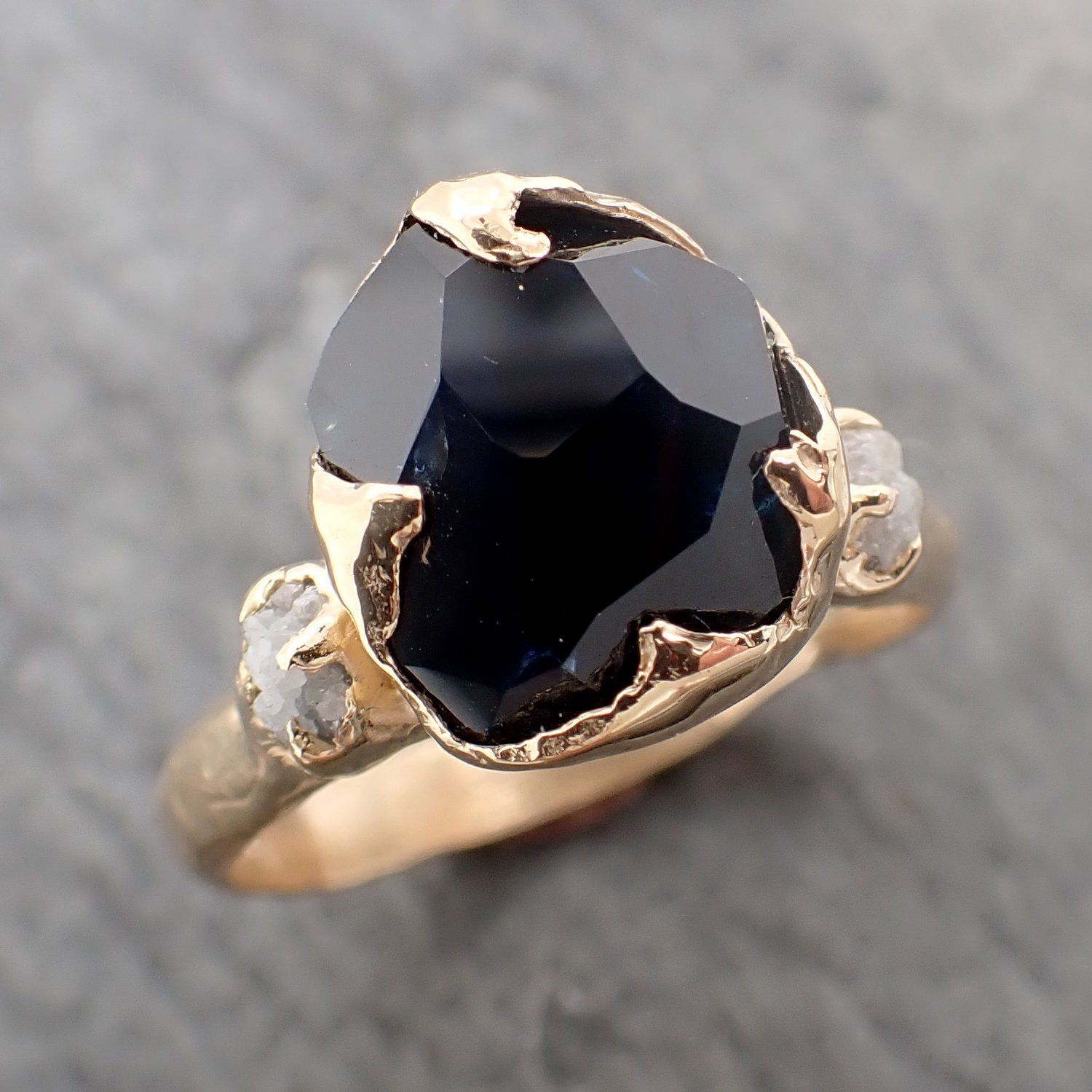 partially faceted sapphire natural sapphire gemstone raw rough diamond 18k yellow gold engagement ring multi stone 2291 Alternative Engagement