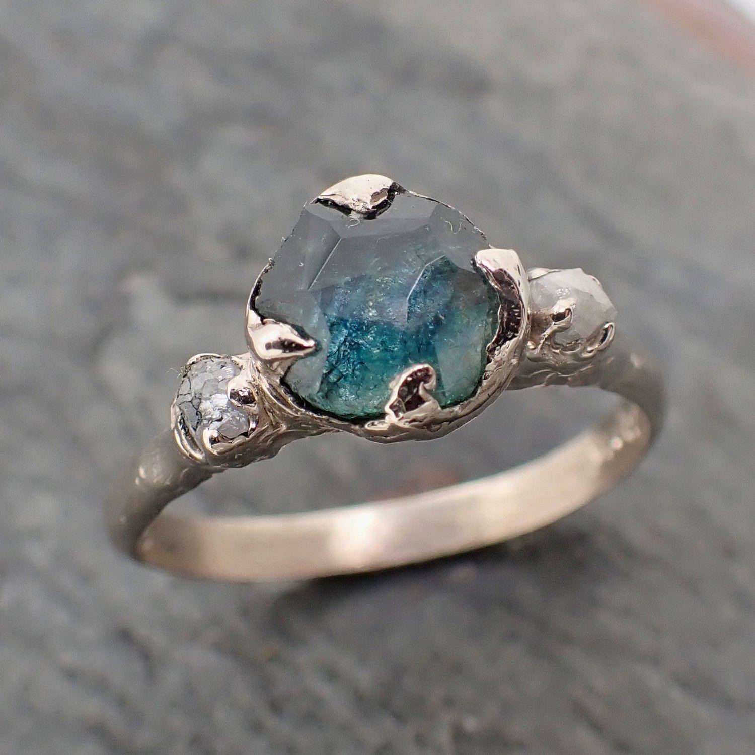 partially faceted montana sapphire diamond 14k white gold engagement ring wedding ring custom blue gemstone ring multi stone ring 2292 Alternative Engagement