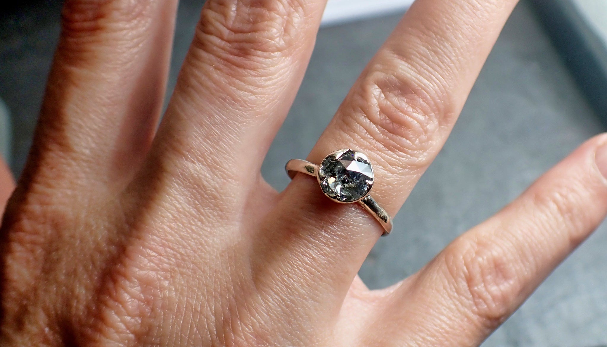 fancy cut salt and pepper diamond solitaire engagement 14k white gold wedding ring byangeline 2294 Alternative Engagement