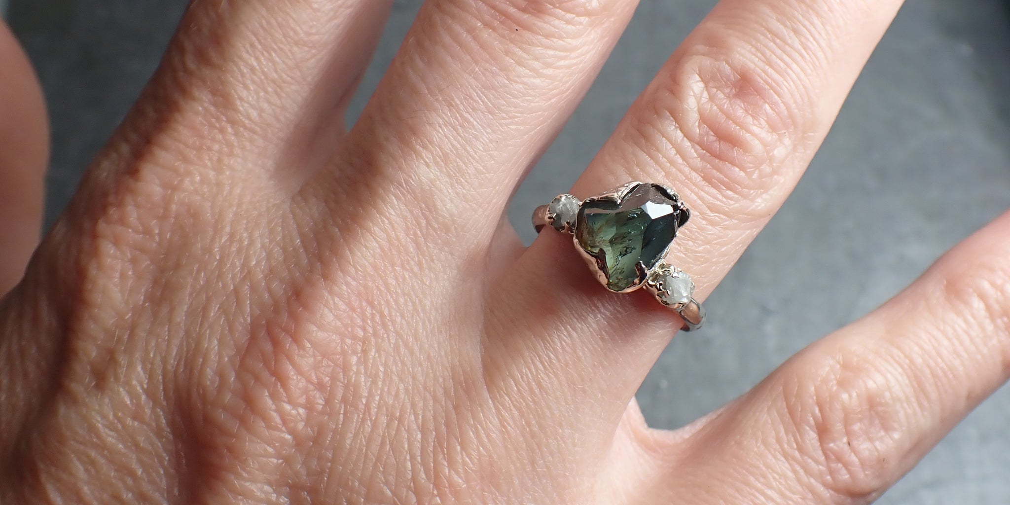 montana sapphire partially faceted multi stone rough diamond 14k white gold engagement ring wedding ring custom gemstone ring 2303 Alternative Engagement