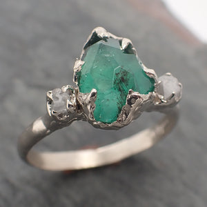 Partially faceted Three Stone Emerald rough diamond Engagement Gemstone Ring 14k white gold Multi stone Wedding Birthstone Ring byAngeline 2304