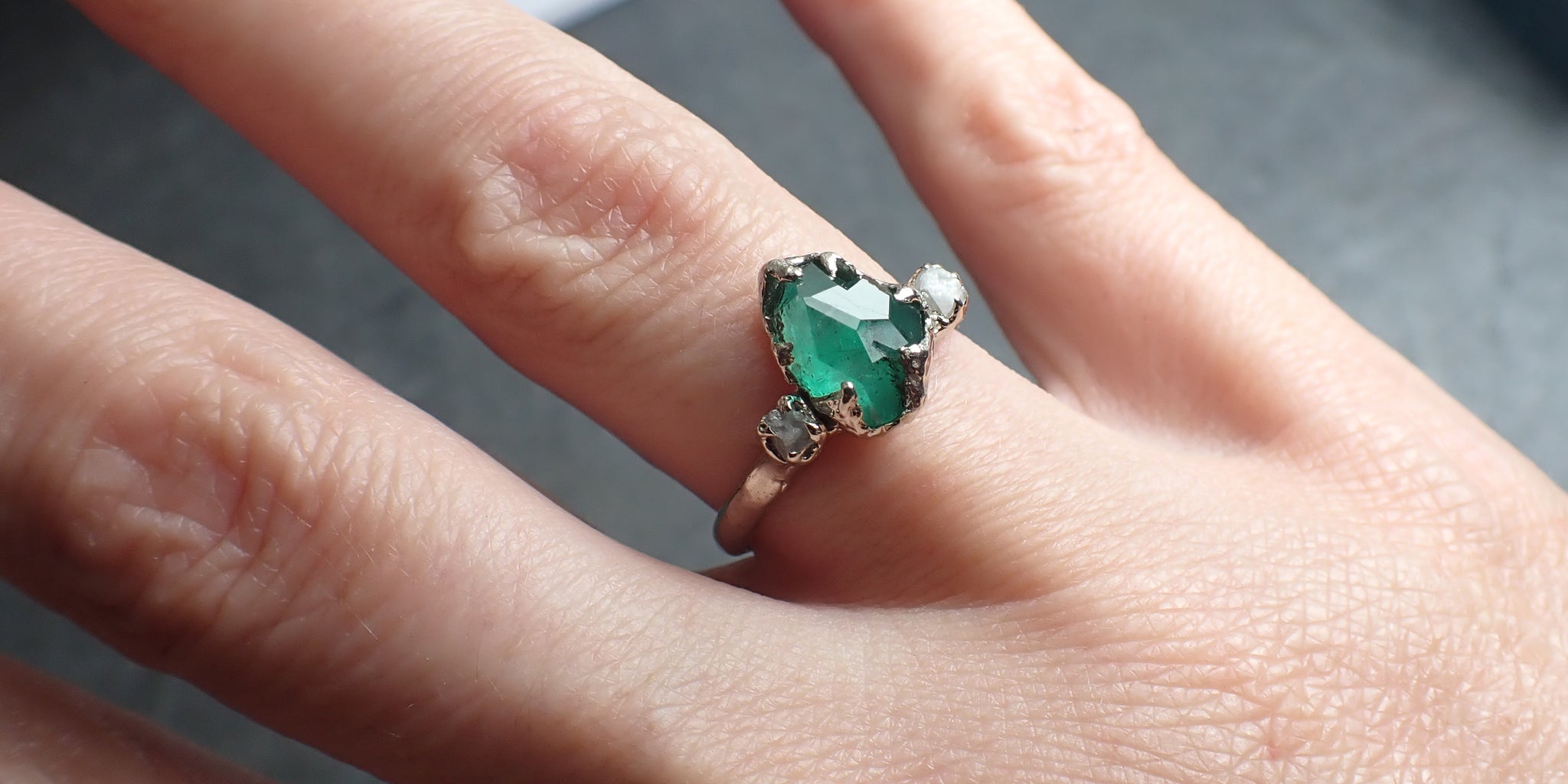 Partially faceted Three Stone Emerald rough diamond Engagement Gemstone Ring 14k white gold Multi stone Wedding Birthstone Ring byAngeline 2304