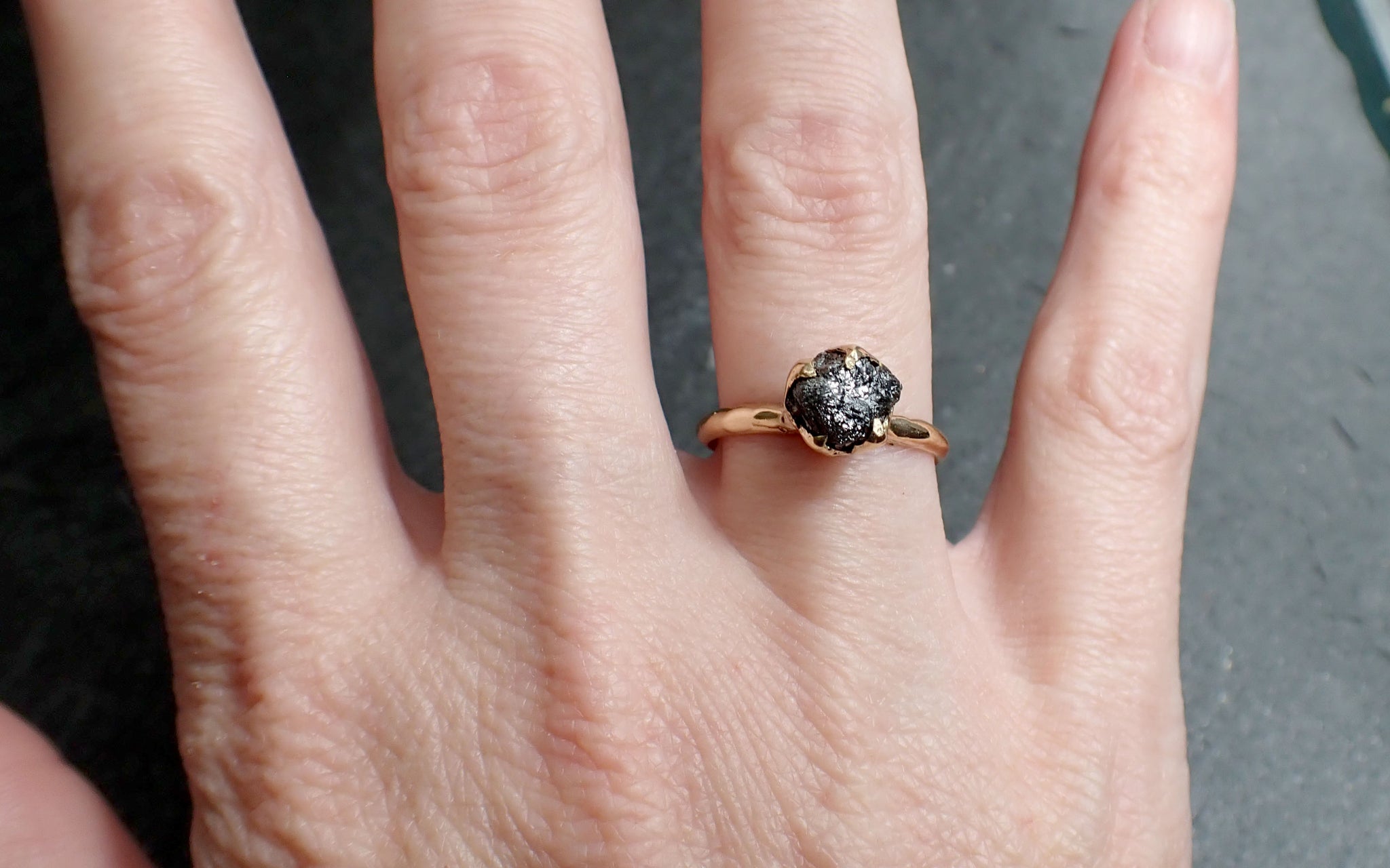 Raw black Diamond Solitaire Engagement Ring Rough Uncut gemstone Yellow gold Conflict Free Black Diamond Wedding Promise 2559