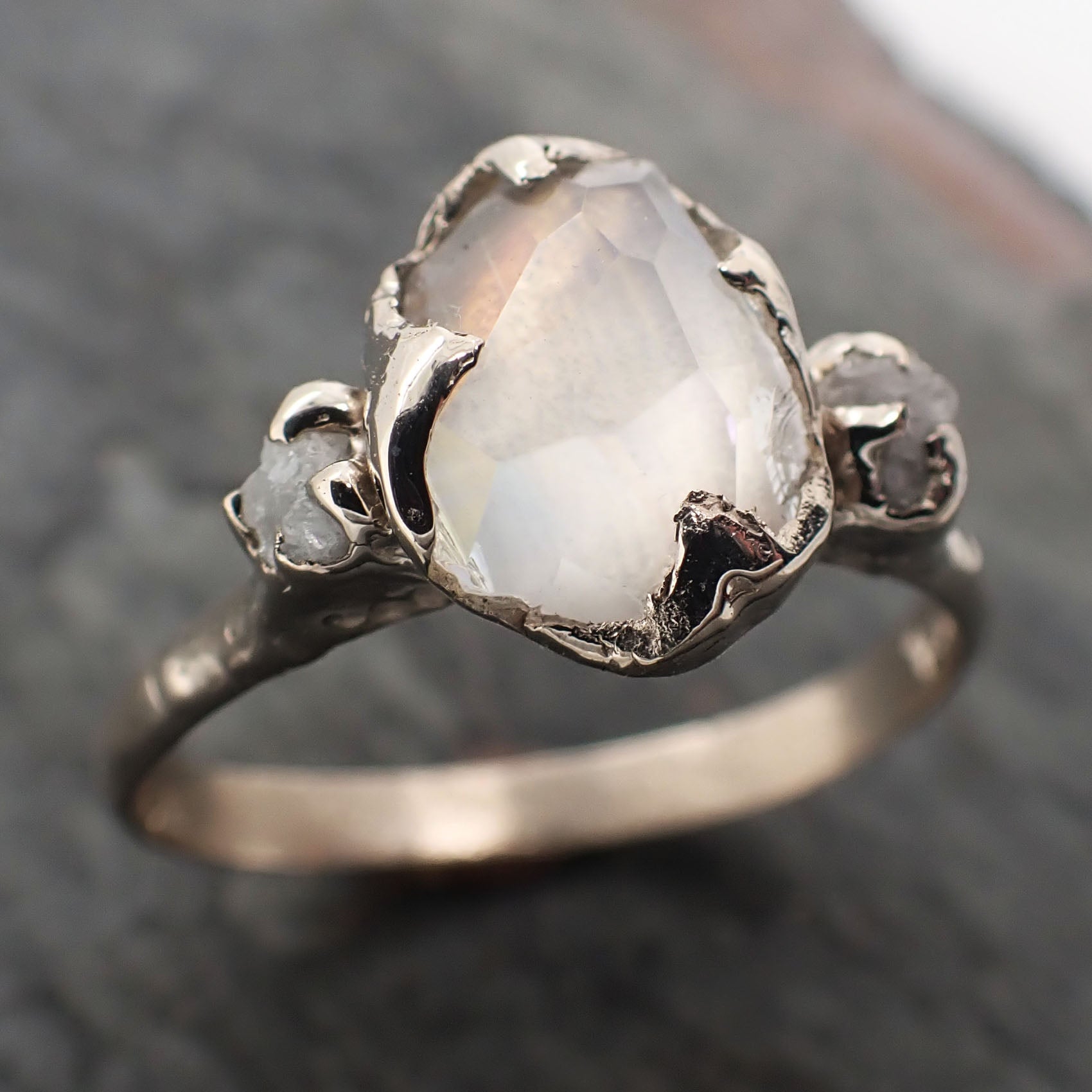 partially faceted moonstone and diamonds 14k white gold ring gemstone multi stone recycled 2326 Alternative Engagement