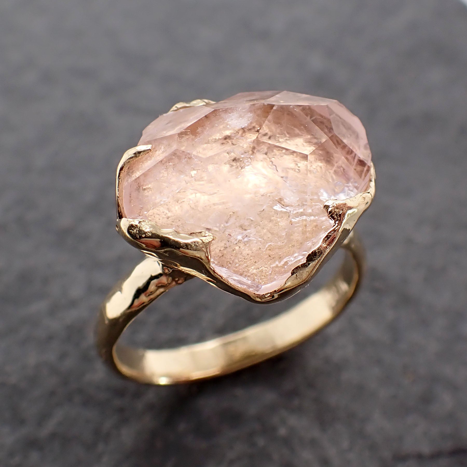 Partially faceted Morganite 18k Yellow gold solitaire Pink Gemstone Cocktail Ring Statement Ring gemstone Jewelry byAngeline 2568