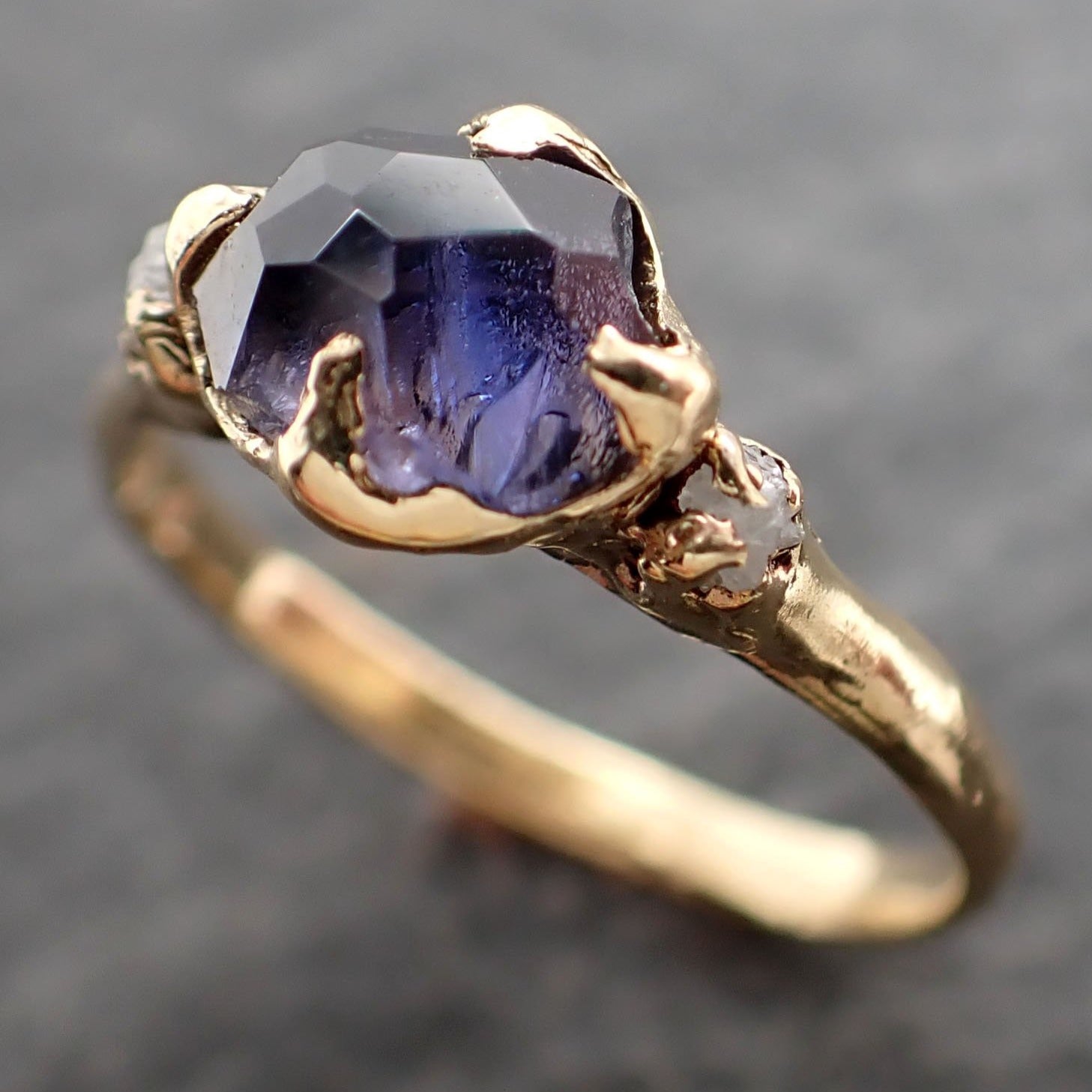 partially faceted montana sapphire rough diamond 18k yellow gold engagement wedding gemstone multi stone ring 2573 Alternative Engagement