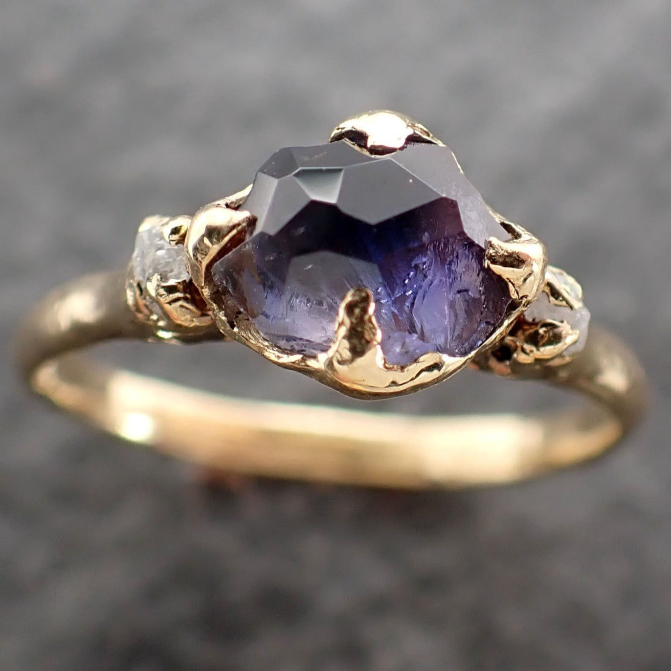 Partially Faceted Montana Sapphire rough Diamond 18k yellow Gold Engagement Wedding Gemstone Multi stone Ring 2573