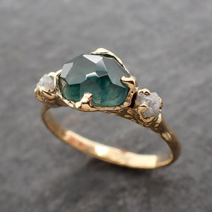 Partially Faceted Montana Blue green Sapphire rough Diamond 18k yellow Gold Engagement Wedding Gemstone Multi stone Ring 2572