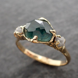 Partially Faceted Montana Blue green Sapphire rough Diamond 18k yellow Gold Engagement Wedding Gemstone Multi stone Ring 2572