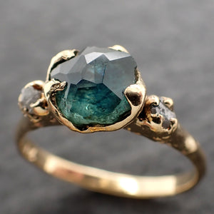 Partially Faceted Montana Blue Green Sapphire rough Diamond 18k yellow Gold Engagement Wedding Gemstone Multi stone Ring 2571