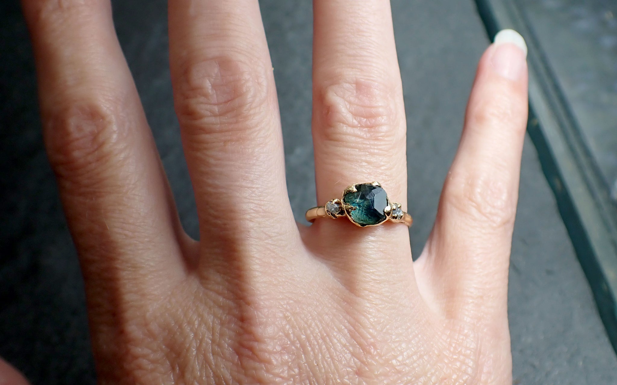 Partially Faceted Montana Blue Green Sapphire rough Diamond 18k yellow Gold Engagement Wedding Gemstone Multi stone Ring 2571