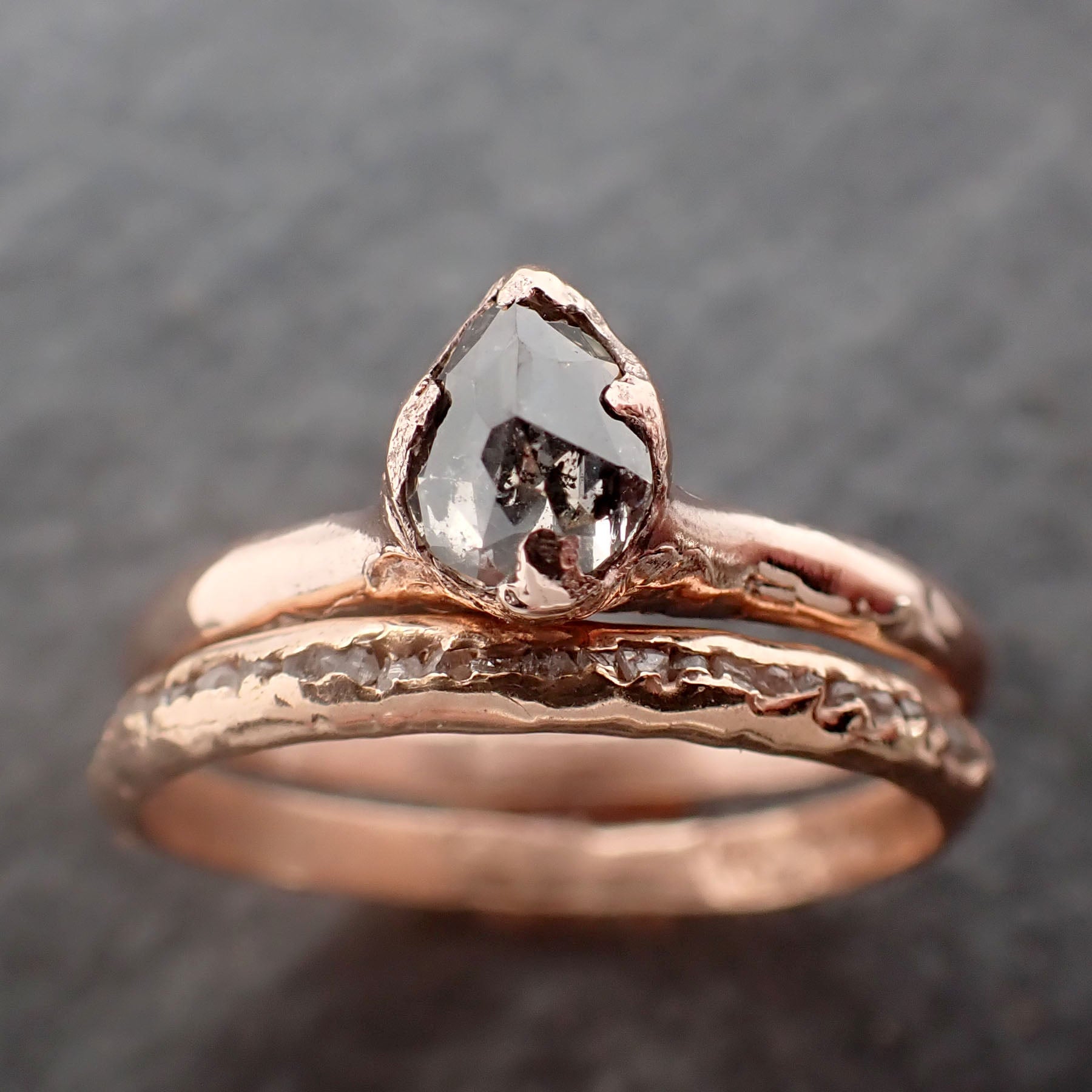 Faceted Fancy cut Salt and Pepper Diamond Solitaire Engagement 14k Rose Gold Wedding Ring byAngeline 2586