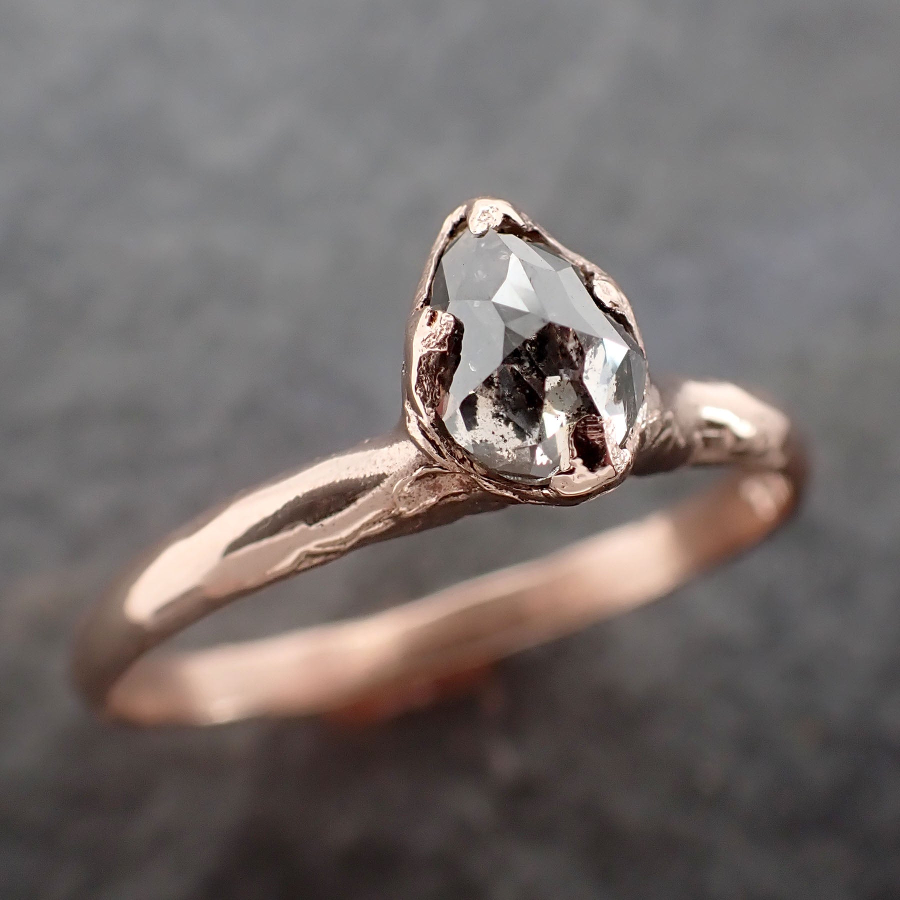 Faceted Fancy cut Salt and Pepper Diamond Solitaire Engagement 14k Rose Gold Wedding Ring byAngeline 2586