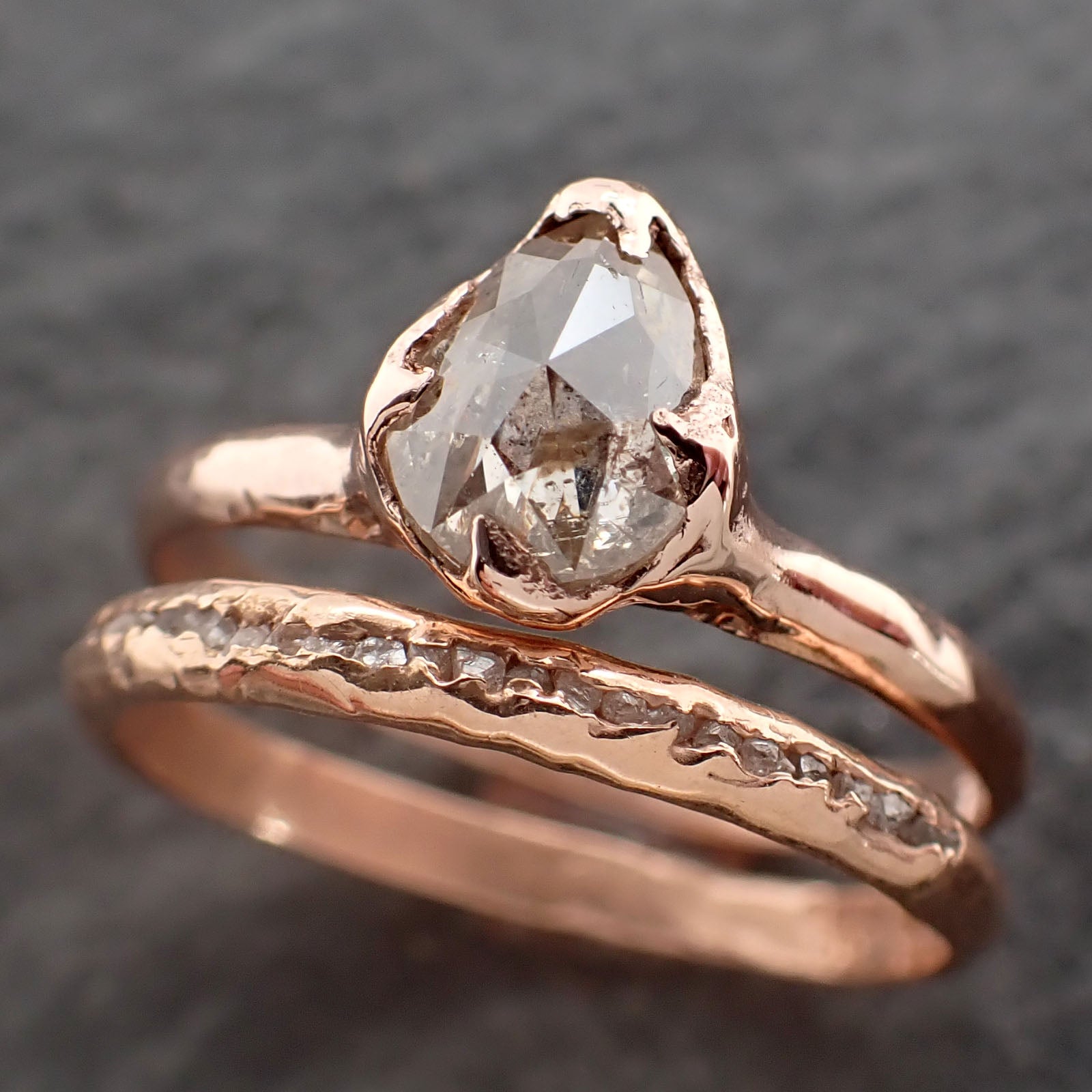 Faceted Fancy cut Salt and Pepper Diamond Solitaire Engagement 14k Rose Gold Wedding Ring byAngeline 2588