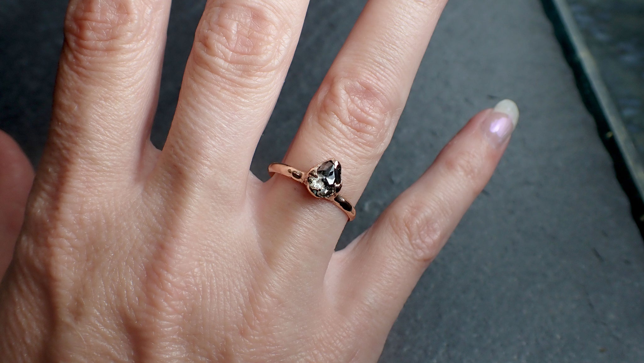 Faceted Fancy cut Salt and Pepper Diamond Solitaire Engagement 14k Rose Gold Wedding Ring byAngeline 2587