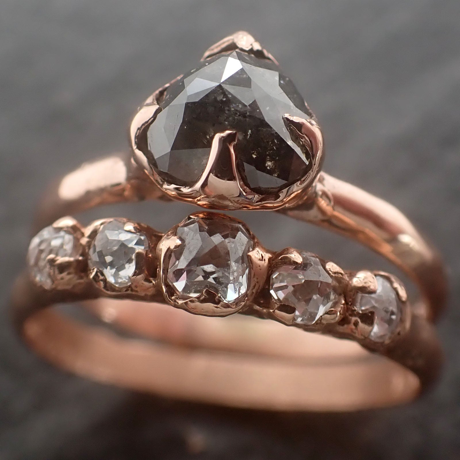 Faceted Fancy cut Salt and Pepper Diamond Solitaire Engagement 14k Rose Gold Wedding Ring byAngeline 2599