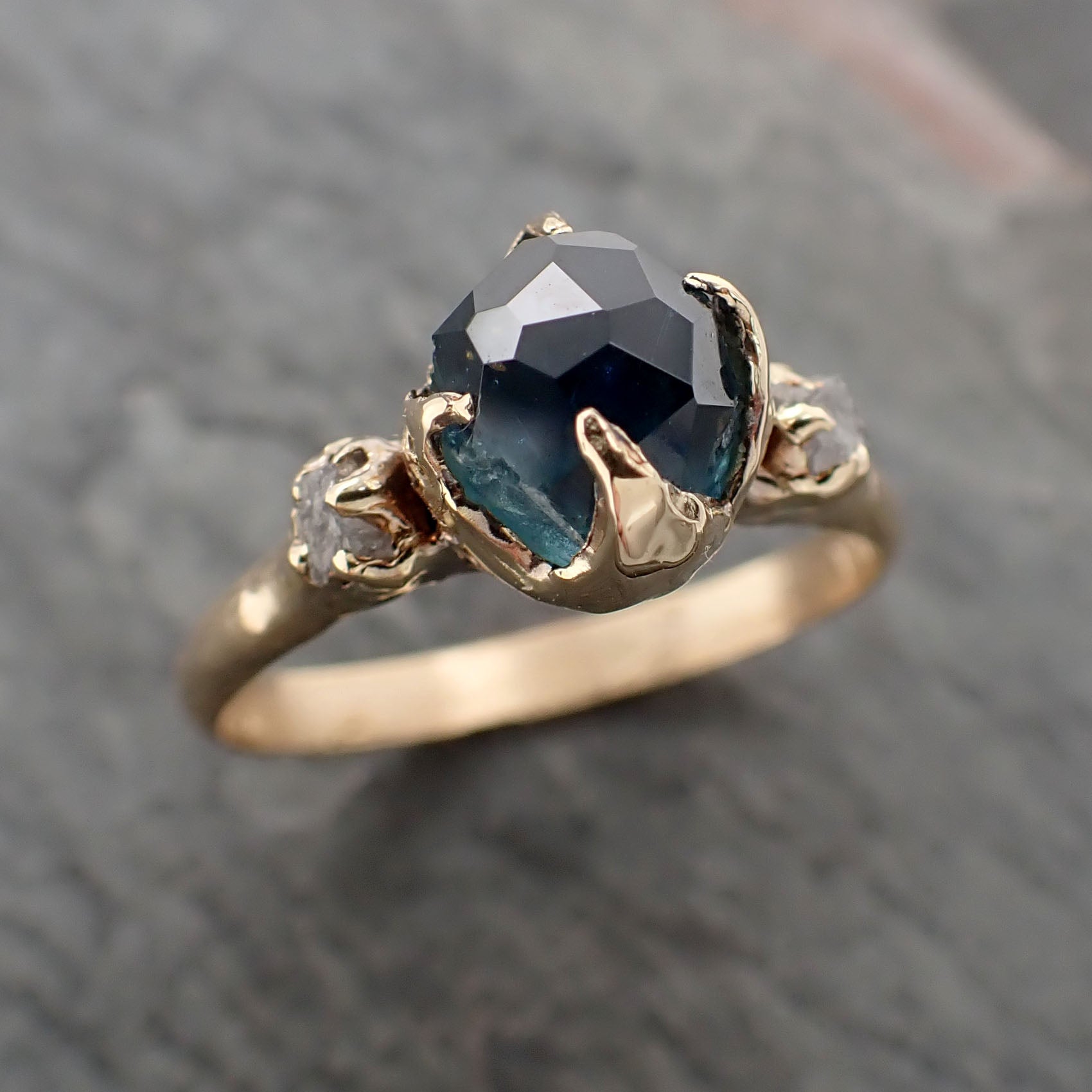 partially faceted blue montana sapphire diamond 18k yellow gold engagement ring wedding ring custom one of a kind blue gemstone ring multi stone ring 2353 Alternative Engagement