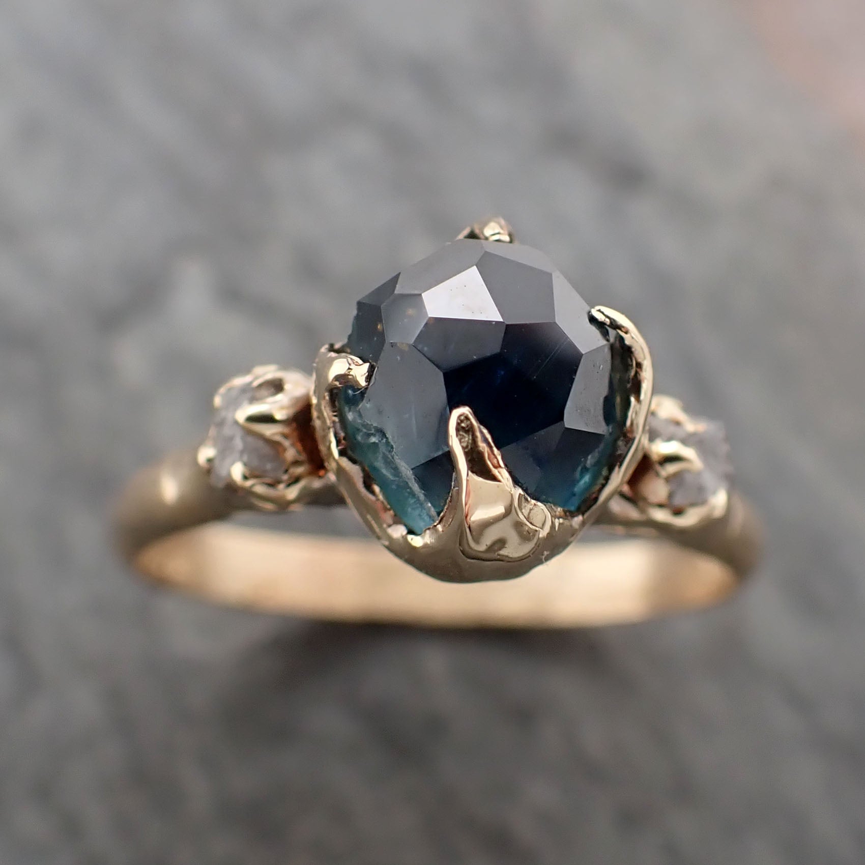 partially faceted blue montana sapphire diamond 18k yellow gold engagement ring wedding ring custom one of a kind blue gemstone ring multi stone ring 2353 Alternative Engagement