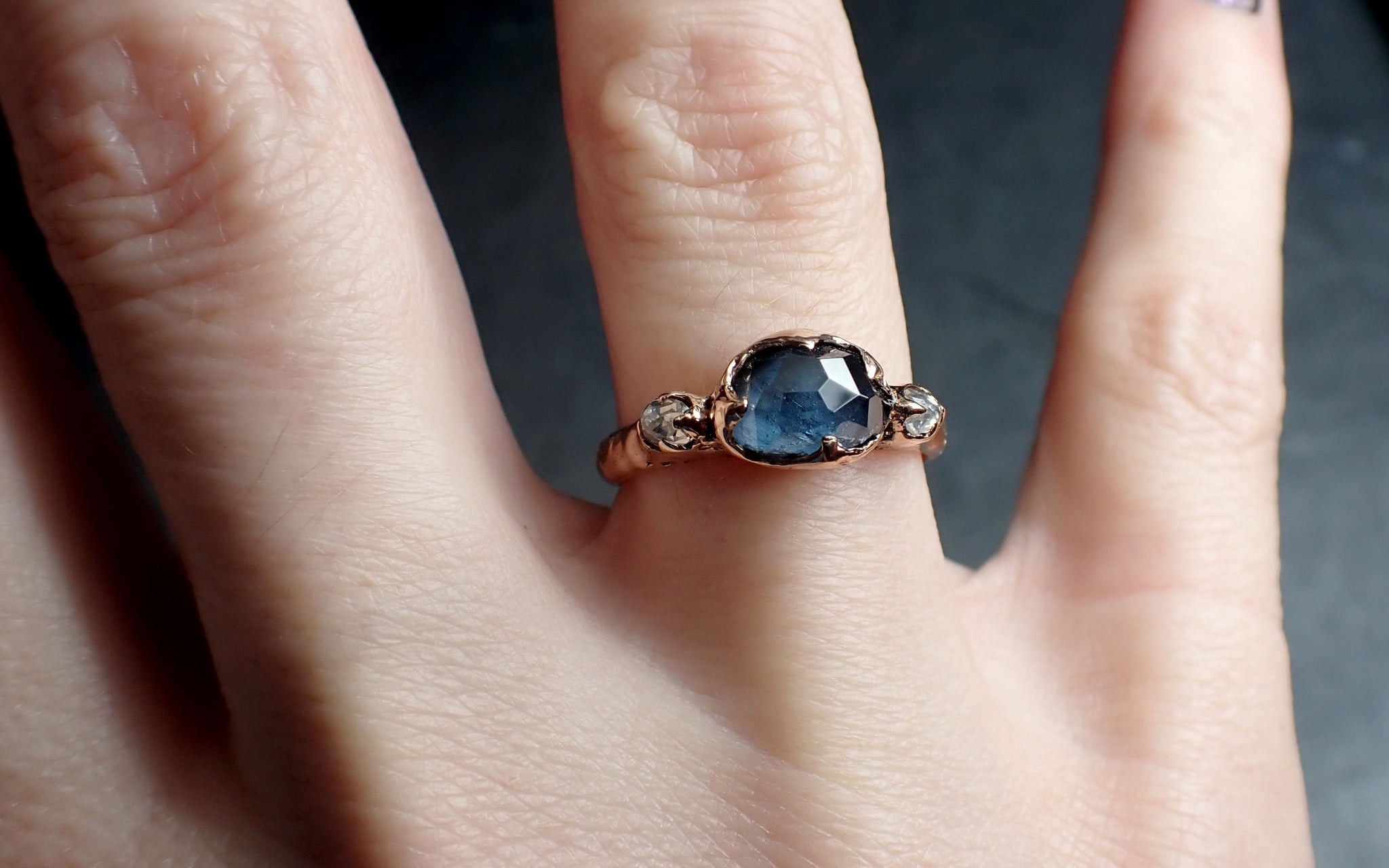 partially faceted blue montana sapphire and fancy diamonds 14k rose gold engagement wedding ring gemstone ring multi stone ring 2355 Alternative Engagement