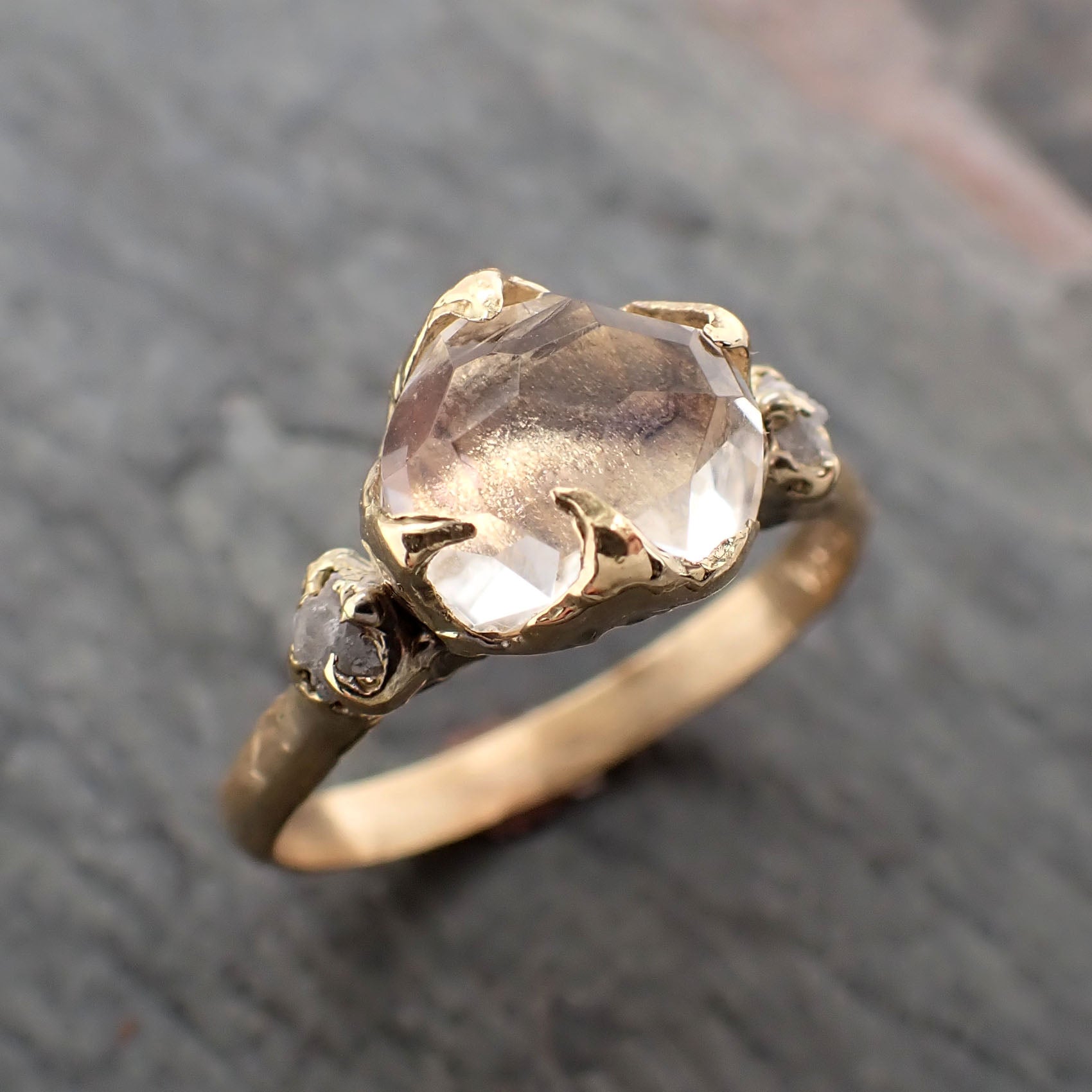partially faceted moonstone rough diamond 18k gold ring gemstone multi stone recycled 2360 Alternative Engagement