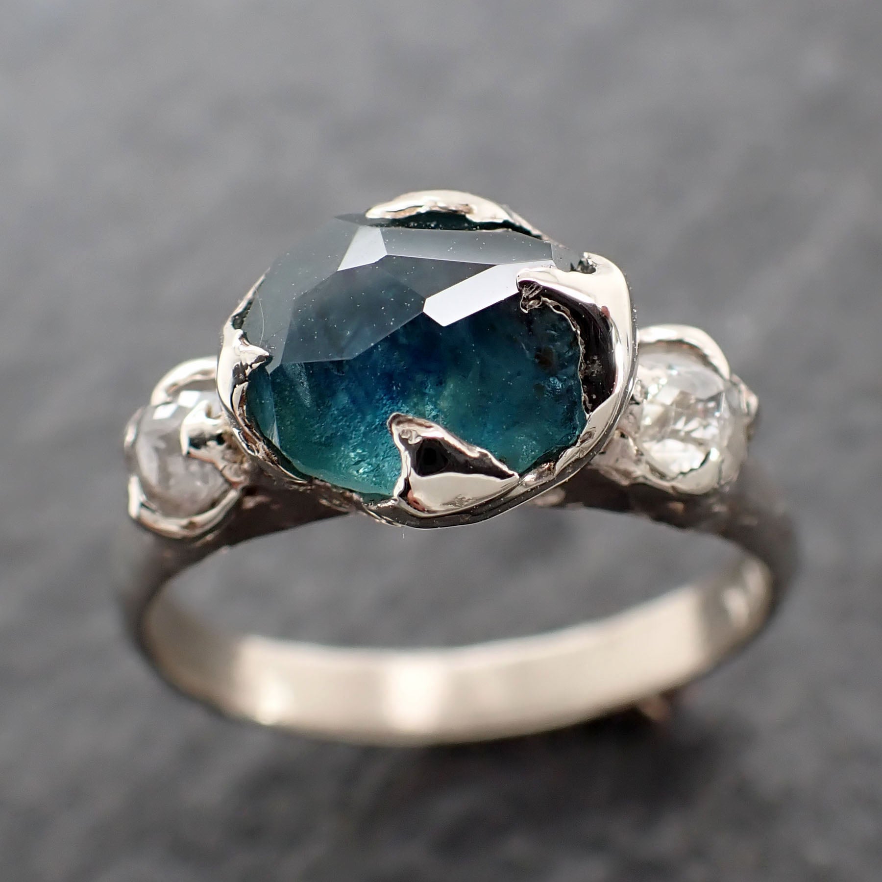 Partially faceted blue Montana Sapphire and fancy Diamonds 14k White Gold Engagement Wedding Ring Custom Gemstone Ring Multi stone Ring 2626