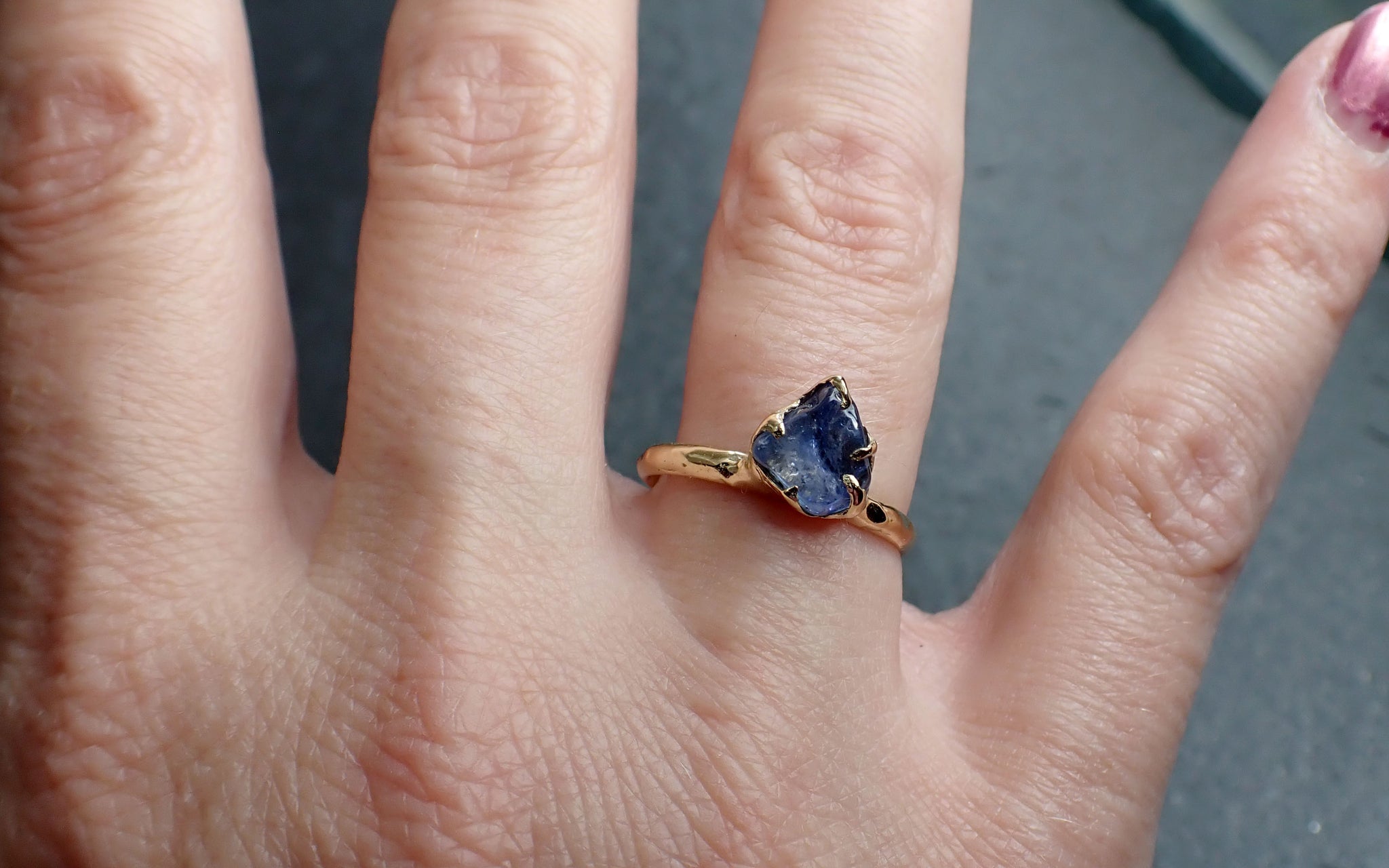 sapphire pebble candy blue polished 18k yellow gold solitaire gemstone ring 2636 Alternative Engagement