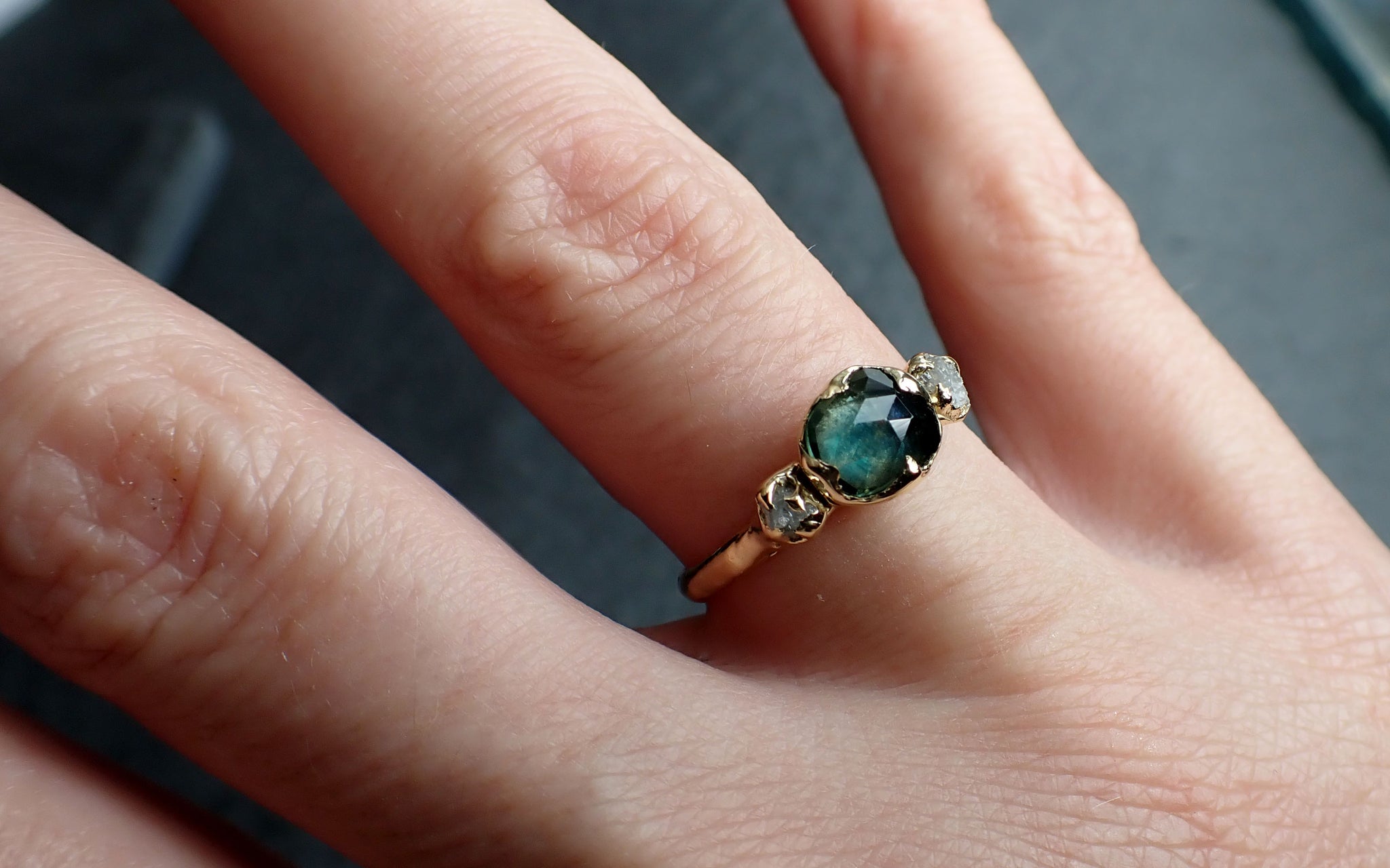 Fancy cut Montana blue Sapphire rough Diamond 18k yellow Gold Engagement Ring Wedding Ring Gemstone Ring Multi stone Ring 2642