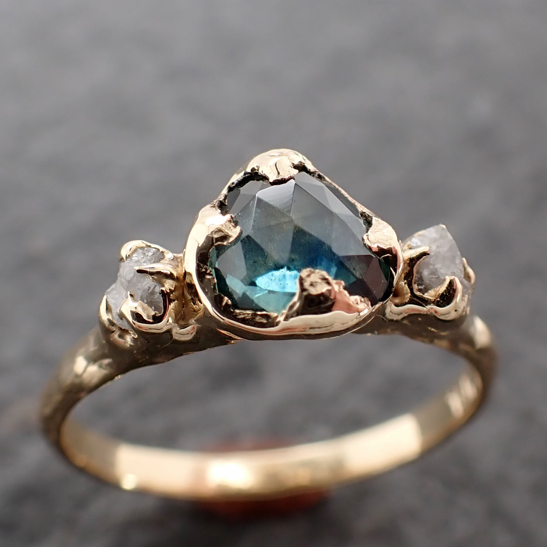 Fancy cut Montana blue Sapphire rough Diamond 18k yellow Gold Engagement Ring Wedding Ring Gemstone Ring Multi stone Ring 2643
