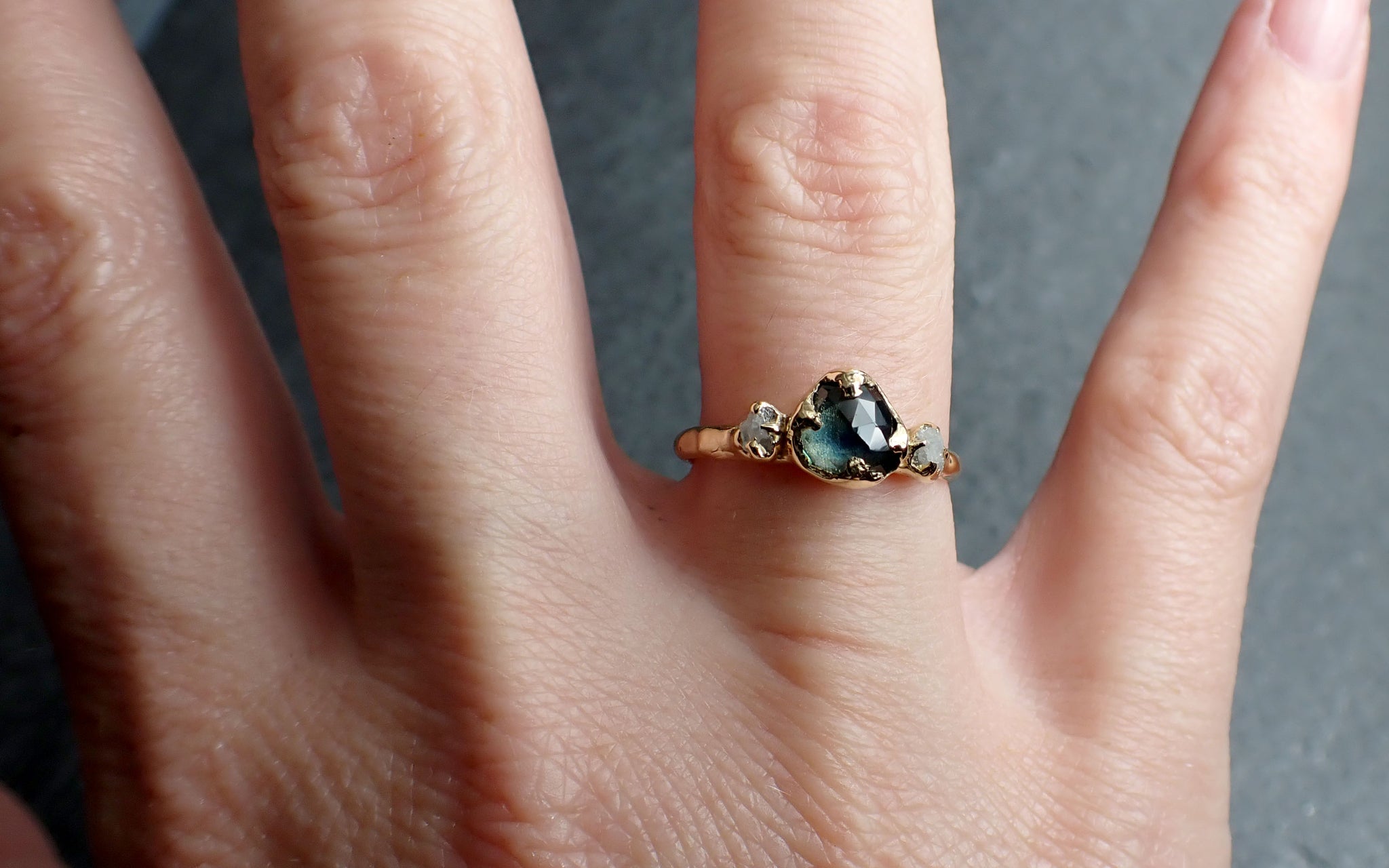 Fancy cut Montana blue Sapphire rough Diamond 18k yellow Gold Engagement Ring Wedding Ring Gemstone Ring Multi stone Ring 2643