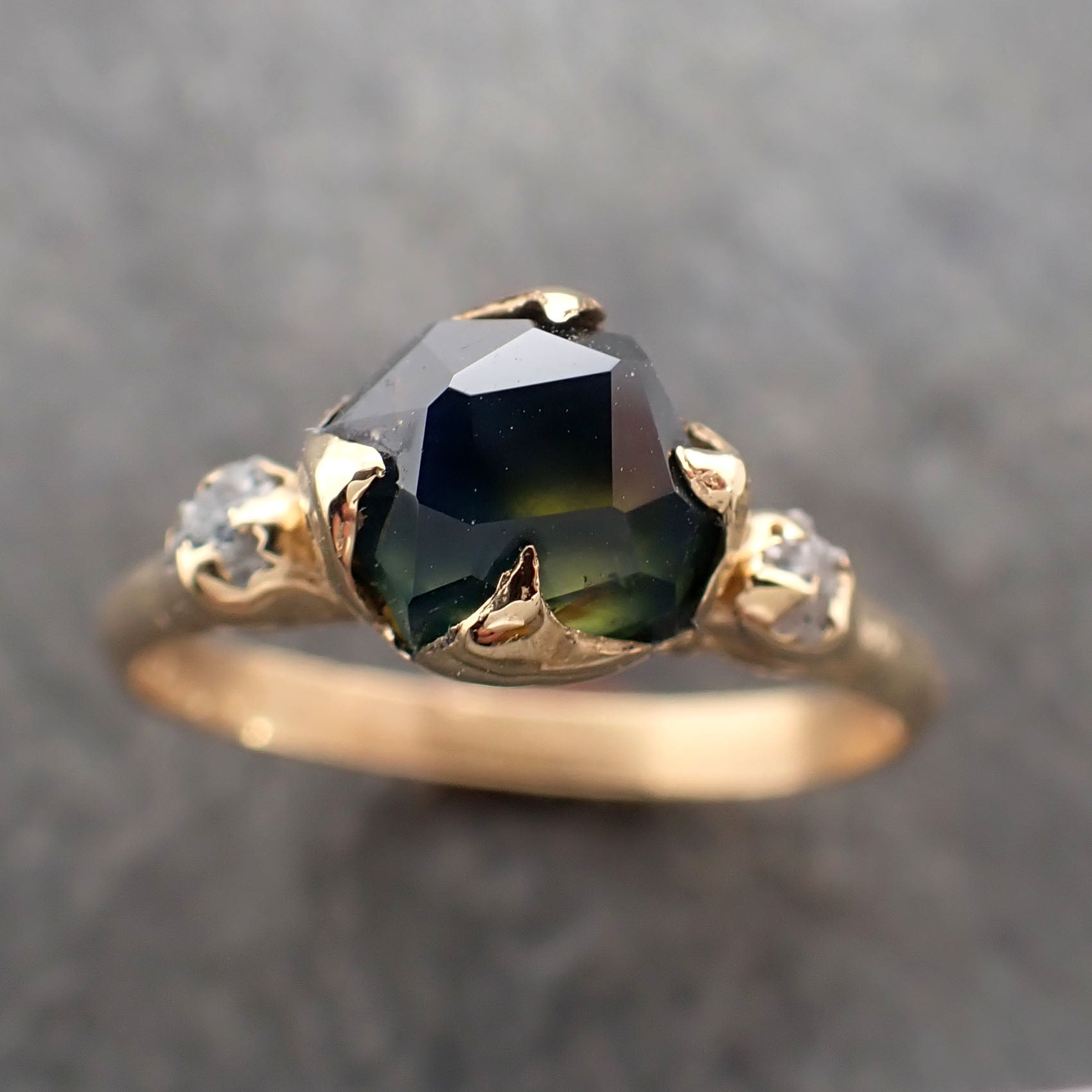 Partially faceted Montana Sapphire natural green sapphire gemstone Raw Rough Diamond 18k Yellow Gold Engagement ring multi stone 2378