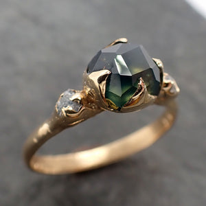 Partially faceted Montana Sapphire natural green sapphire gemstone Raw Rough Diamond 18k Yellow Gold Engagement ring multi stone 2378