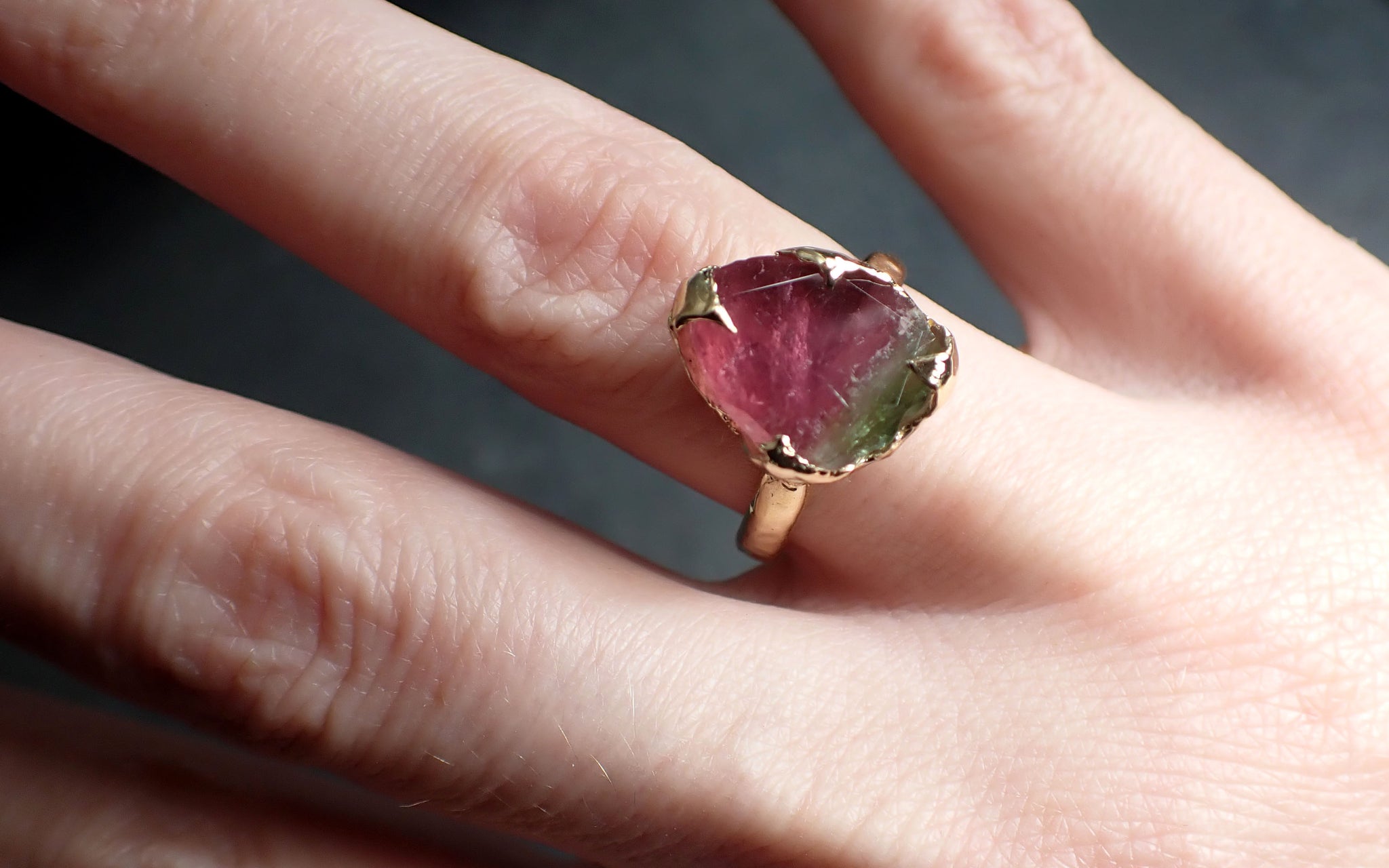 partially faceted watermelon tourmaline solitaire 14k gold engagement ring one of a kind gemstone ring byangeline 2382 Alternative Engagement