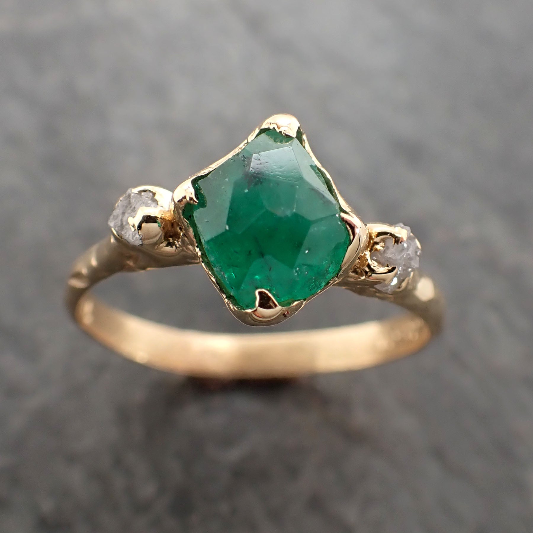 Partially faceted Three raw Stone Diamond Emerald Engagement Ring 18k ...