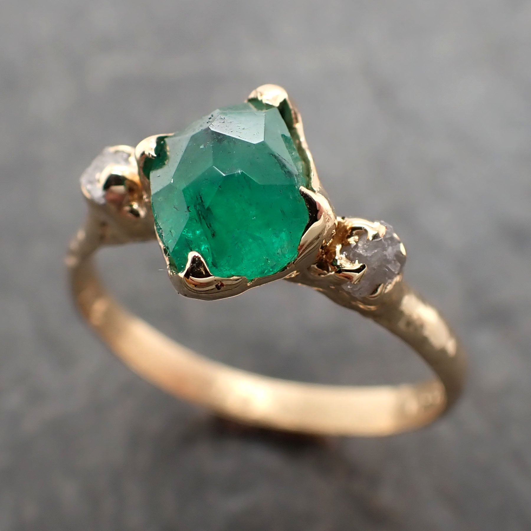 Partially faceted Three raw Stone Diamond Emerald Engagement Ring 18k Gold Multi stone Wedding Ring Uncut Birthstone Stacking Ring Rough Diamond Ring byAngeline 2383