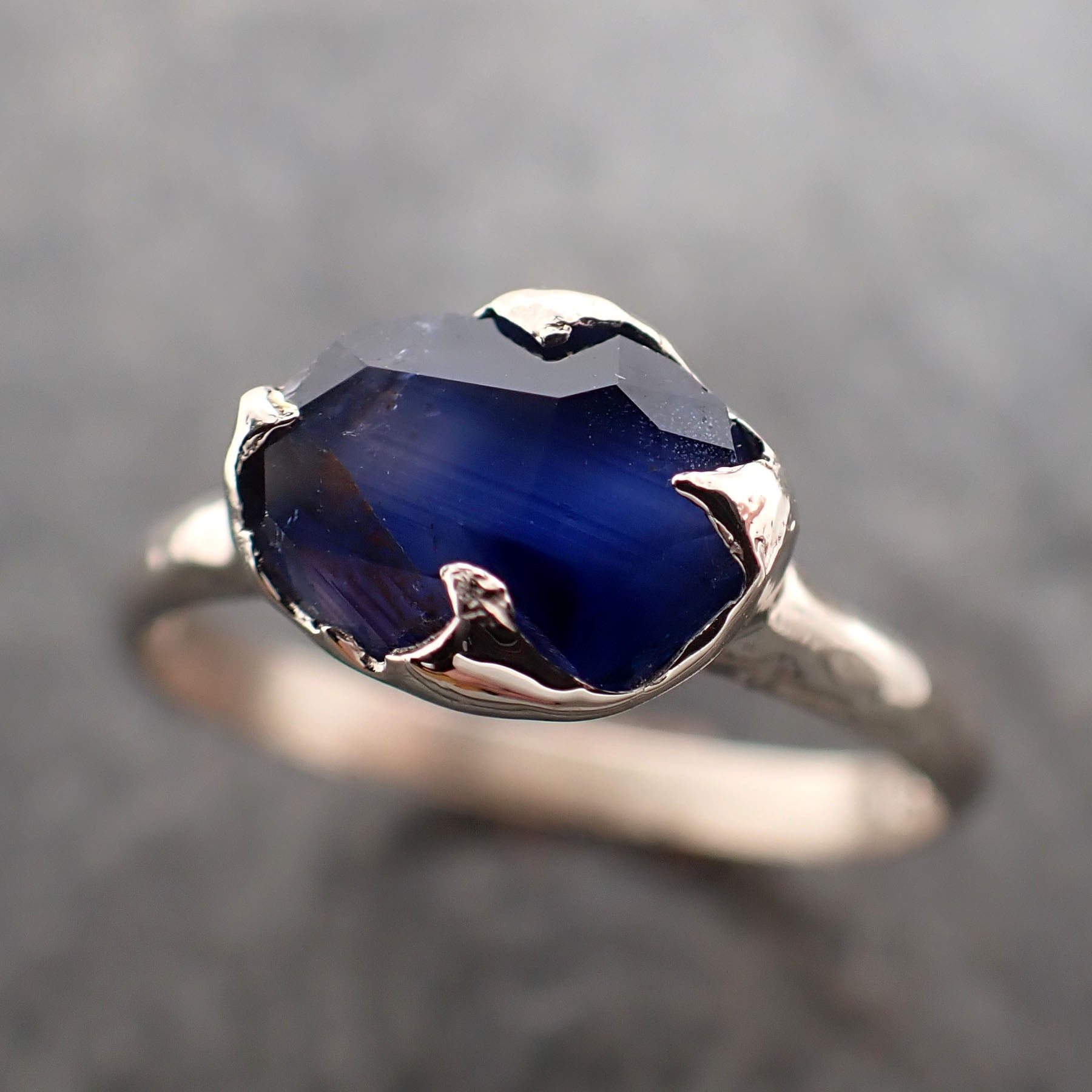 Partially Faceted blue Sapphire Solitaire 18k white Gold Engagement Ring Wedding Ring Custom One Of a Kind Gemstone Ring 2375
