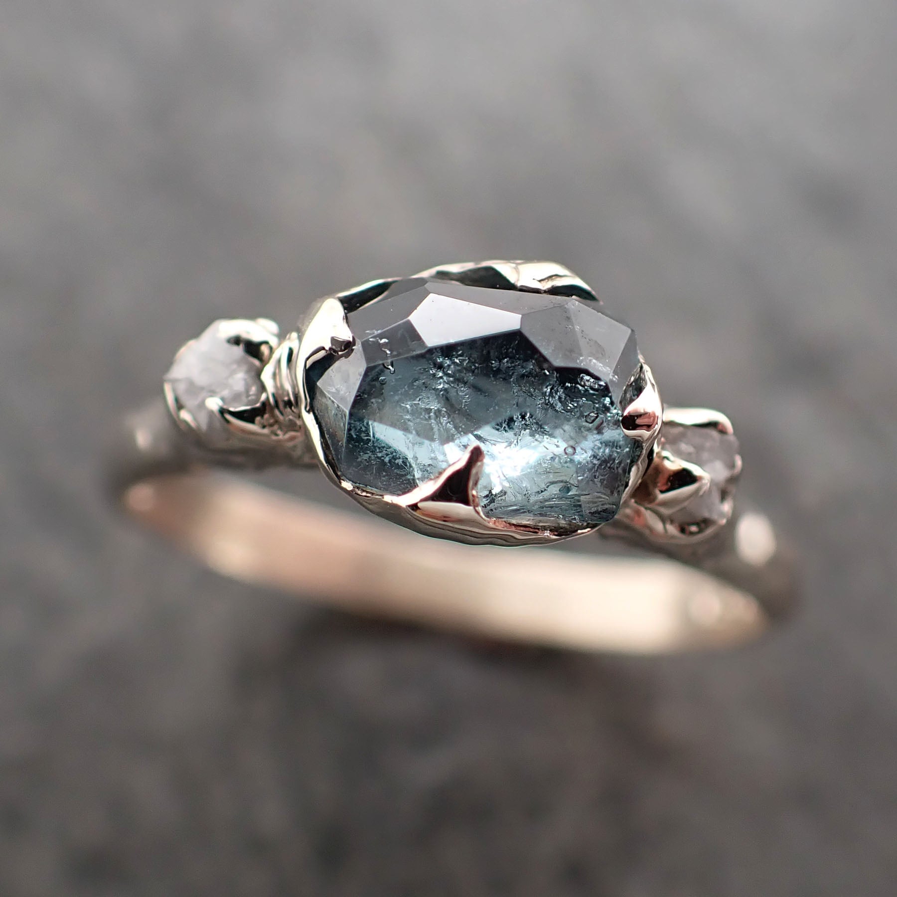 Montana Sapphire Partially Faceted Multi stone Rough Diamond 18k White Gold Engagement Ring Wedding Ring Custom Gemstone Ring Three stone 2377