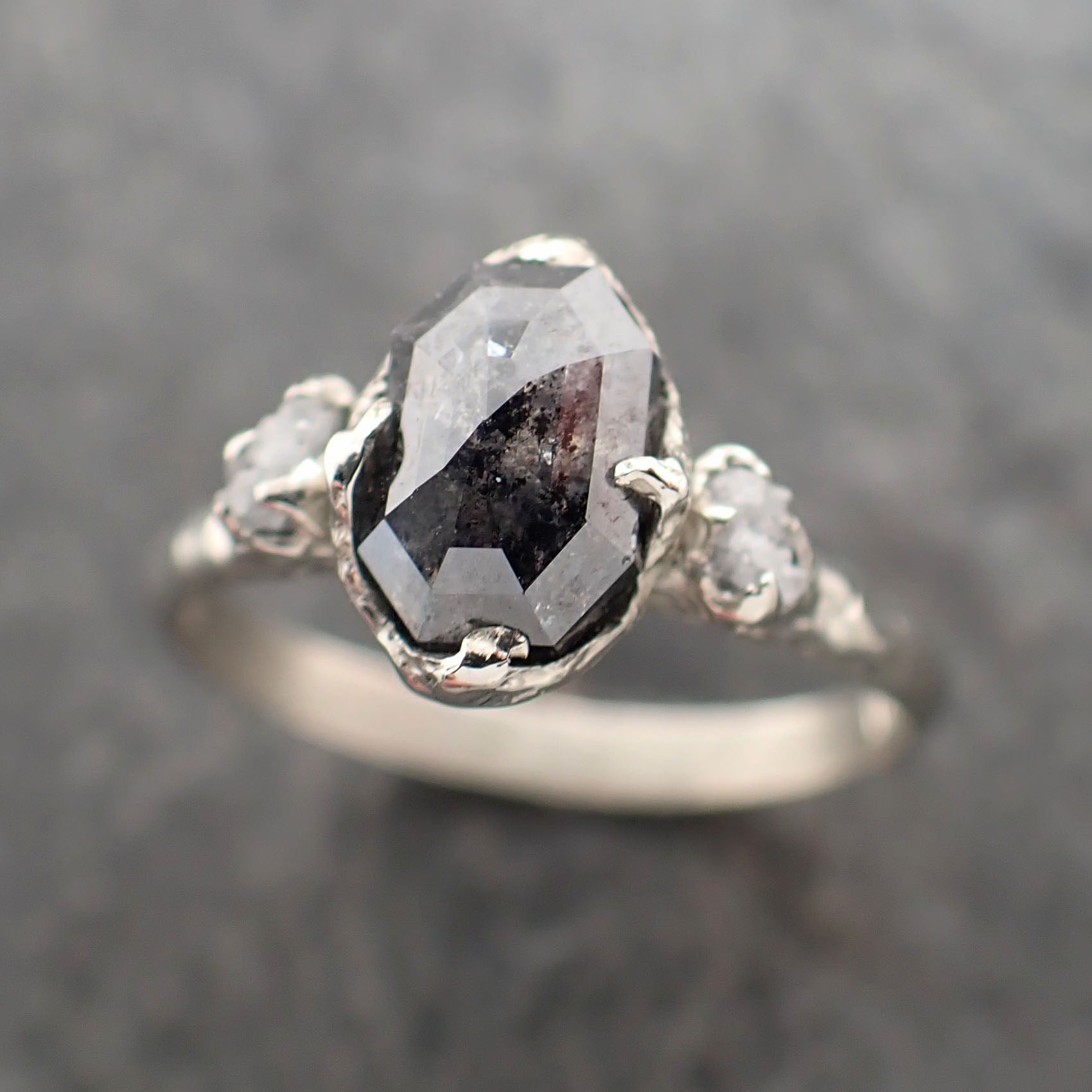 Faceted Fancy cut Salt and pepper Diamond Engagement 18k White Gold Multi stone Wedding Ring Rough Diamond Ring byAngeline 2384