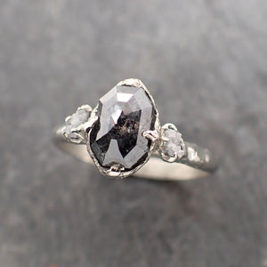 Faceted Fancy cut Salt and pepper Diamond Engagement 18k White Gold Multi stone Wedding Ring Rough Diamond Ring byAngeline 2384