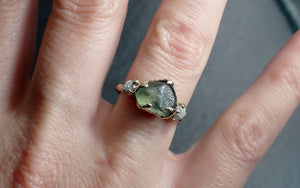 Raw green Montana Sapphire Diamond 18k White Gold Engagement Wedding Ring Custom One Of a Kind Gemstone Multi stone Ring 2692