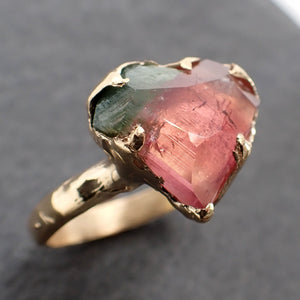 Fancy cut Watermelon Tourmaline Yellow Gold Ring Gemstone Solitaire recycled 18k statement cocktail statement 2395