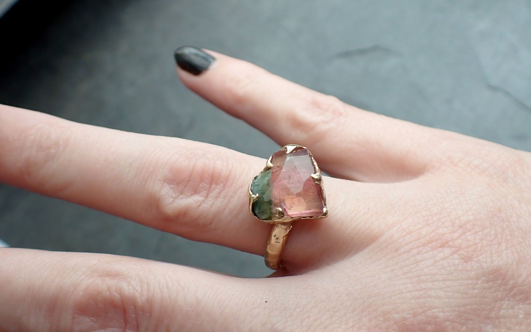 Fancy cut Watermelon Tourmaline Yellow Gold Ring Gemstone Solitaire recycled 18k statement cocktail statement 2395