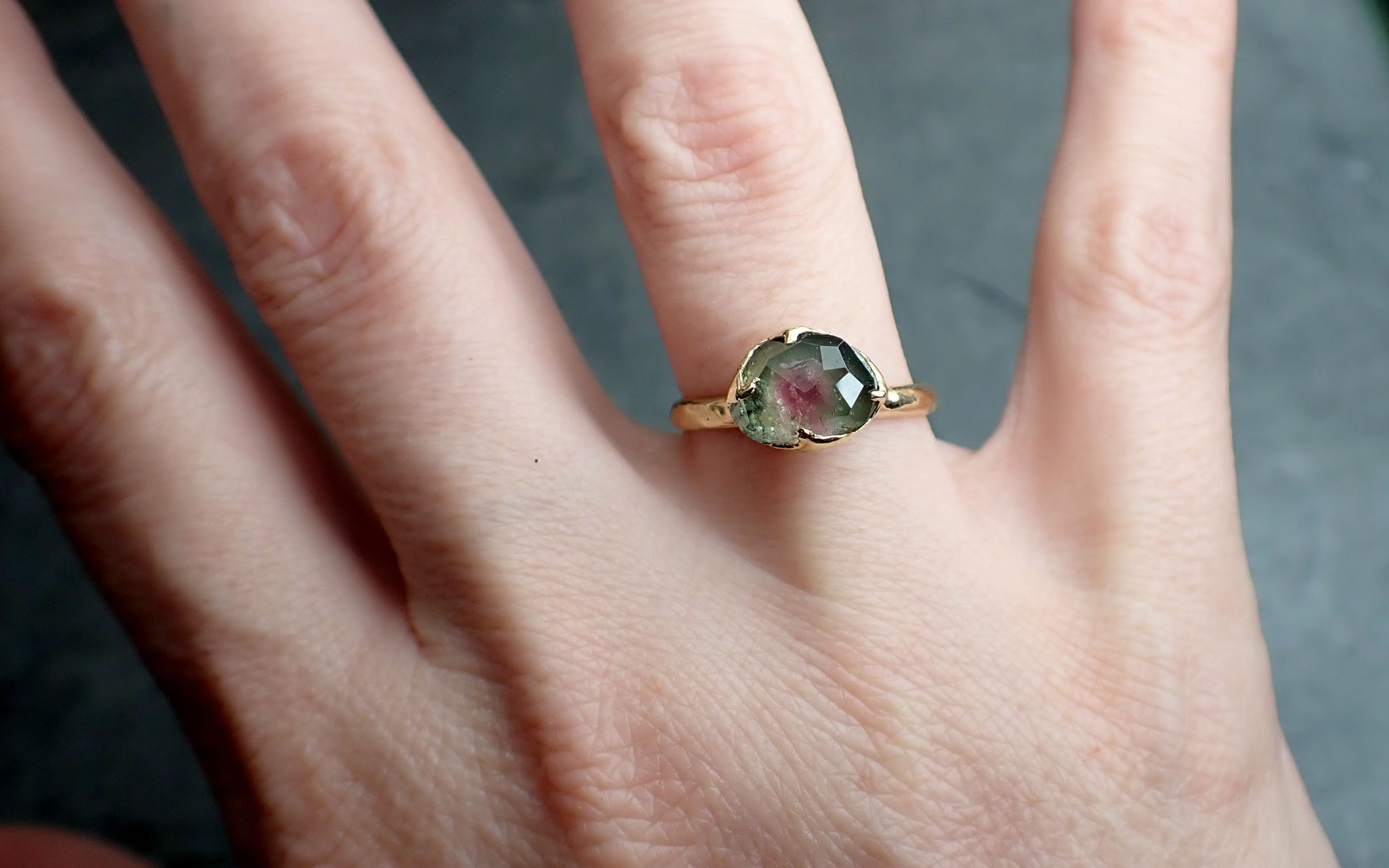 fancy cut watermelon tourmaline yellow gold ring gemstone solitaire recycled 18k statement 2397 Alternative Engagement