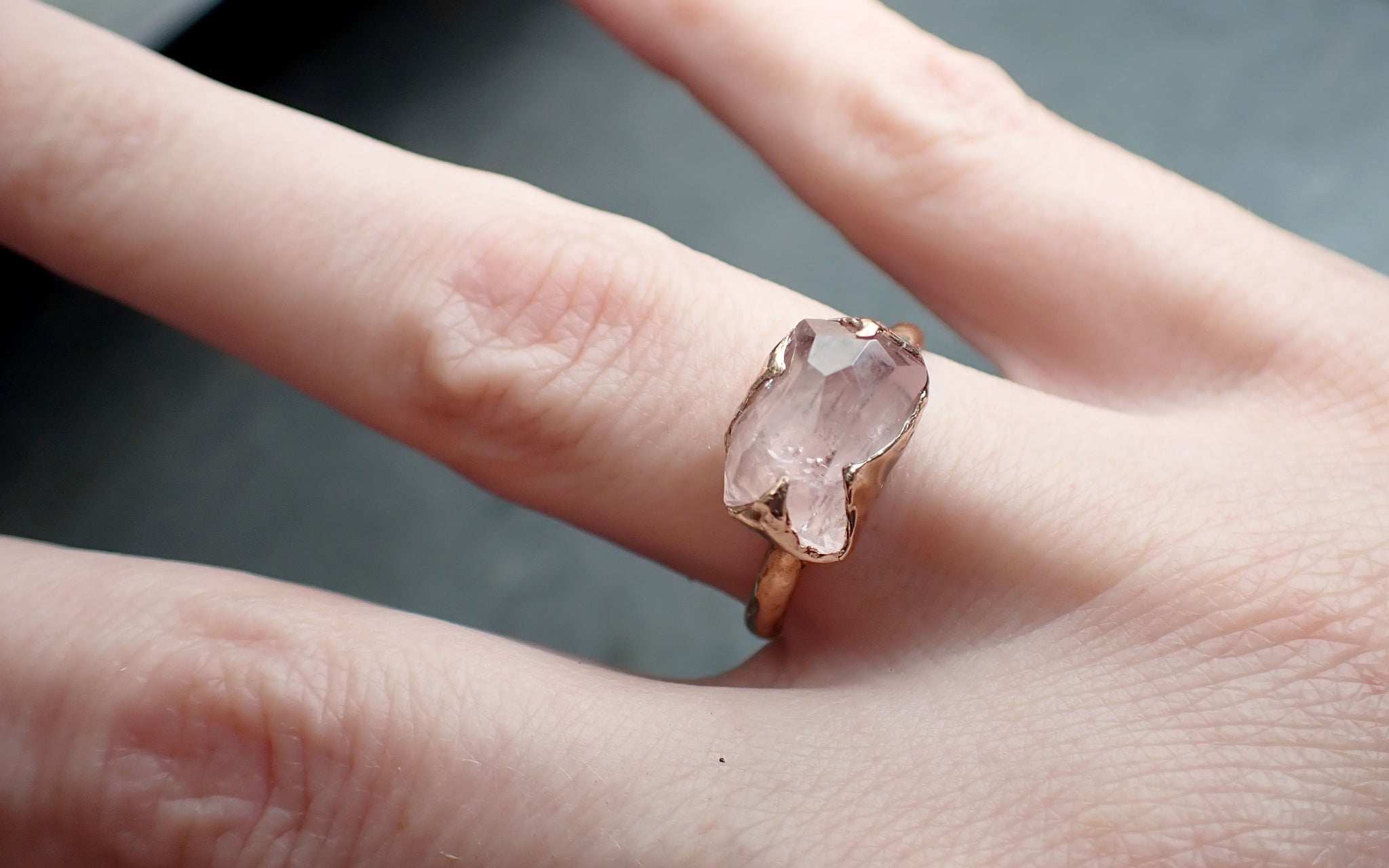 Morganite partially faceted 14k Rose gold solitaire Pink Gemstone Cocktail Ring Statement Ring gemstone Jewelry by Angeline 2401
