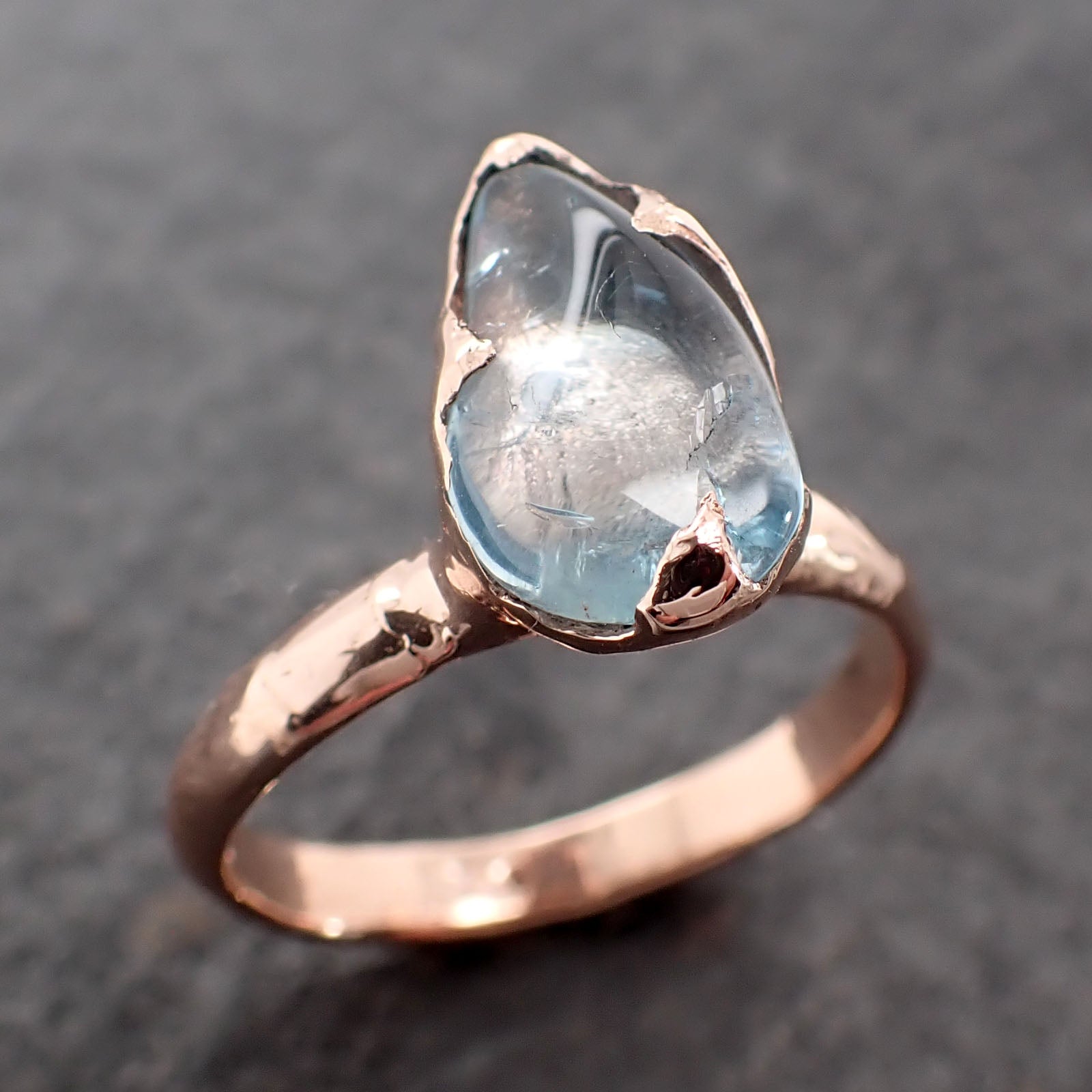 Aquamarine Pebble candy polished Rose 14k gold Solitaire gemstone ring 2731