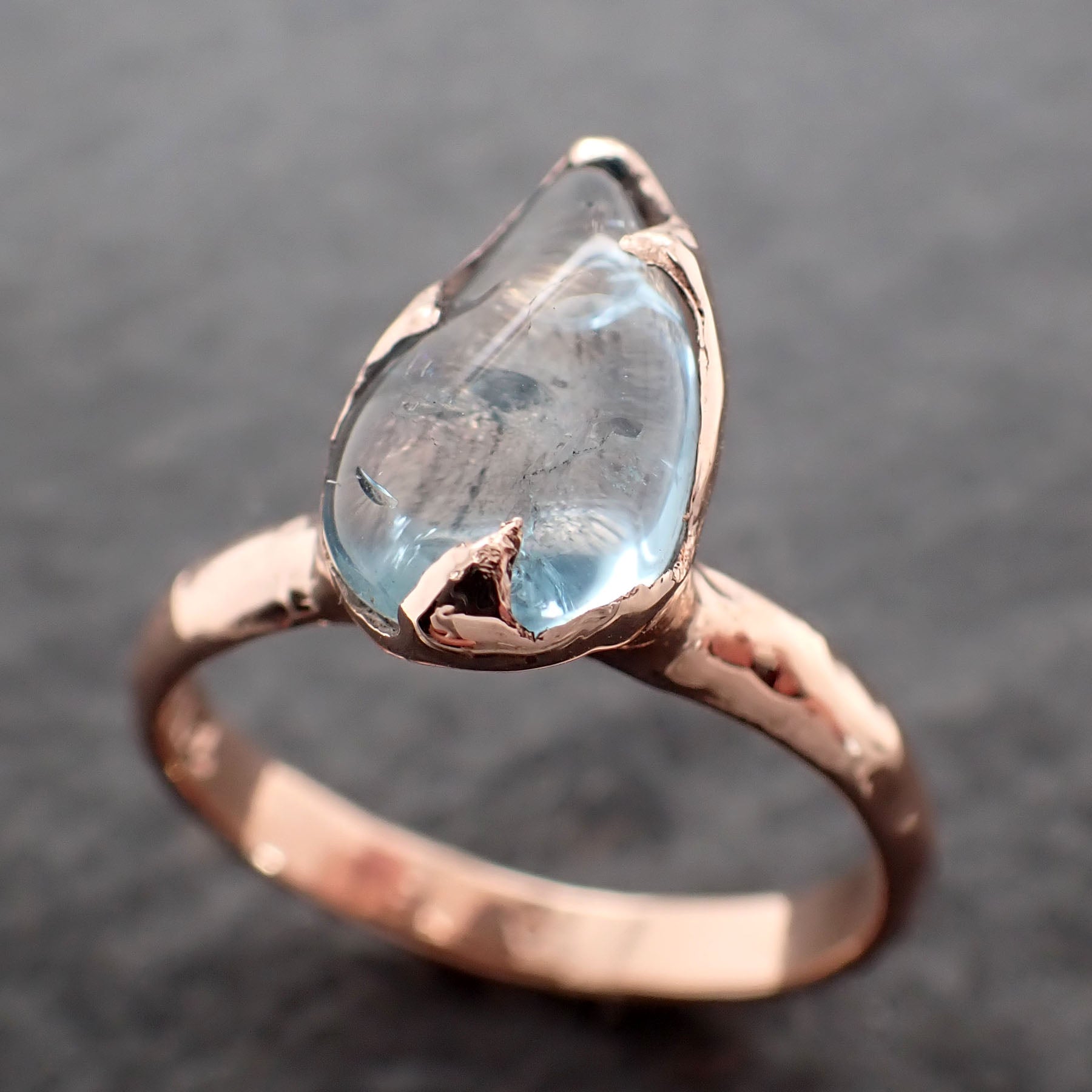 Aquamarine Pebble candy polished Rose 14k gold Solitaire gemstone ring 2731