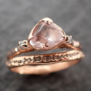 Morganite Pebble candy polished and rough Diamond 14k Rose gold gemstone multi stone ring 2737