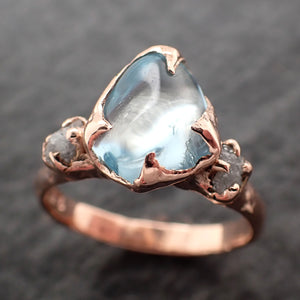 Aquamarine Pebble candy polished and rough Diamond 14k Rose gold Solitaire gemstone multi stone ring 2738