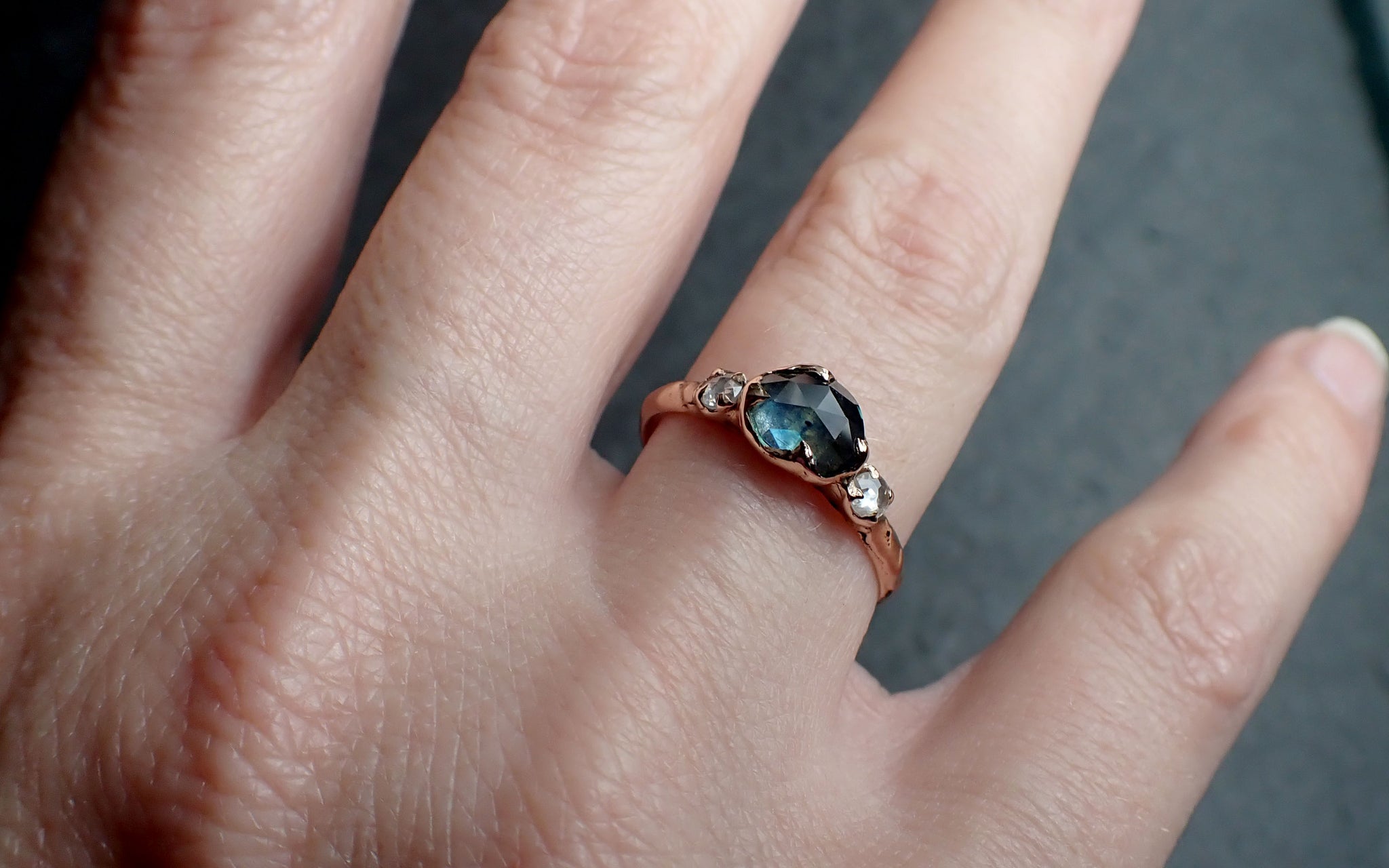 fancy cut blue montana sapphire and diamonds 14k rose gold engagement wedding ring custom gemstone ring multi stone ring 2753 Alternative Engagement