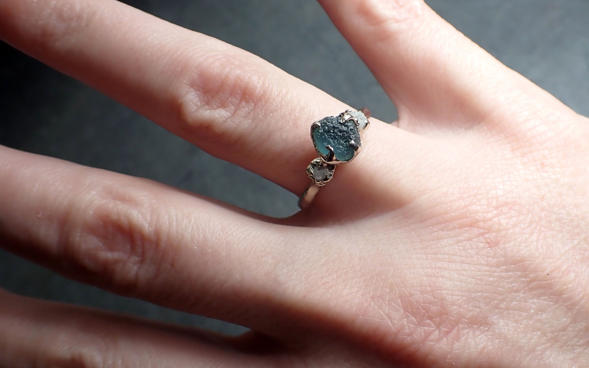 Raw Montana Sapphire Diamond White Gold Engagement Wedding Ring Custom One Of a Kind Gemstone Multi stone Ring 2404